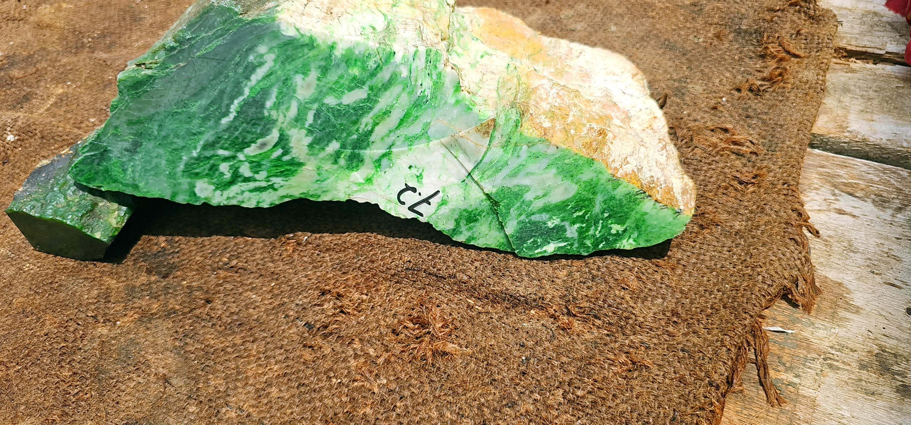 Natural Green Nephrite Jade Rough Stone – Dark Green with White and Light Green Patterns, 7.2 KG