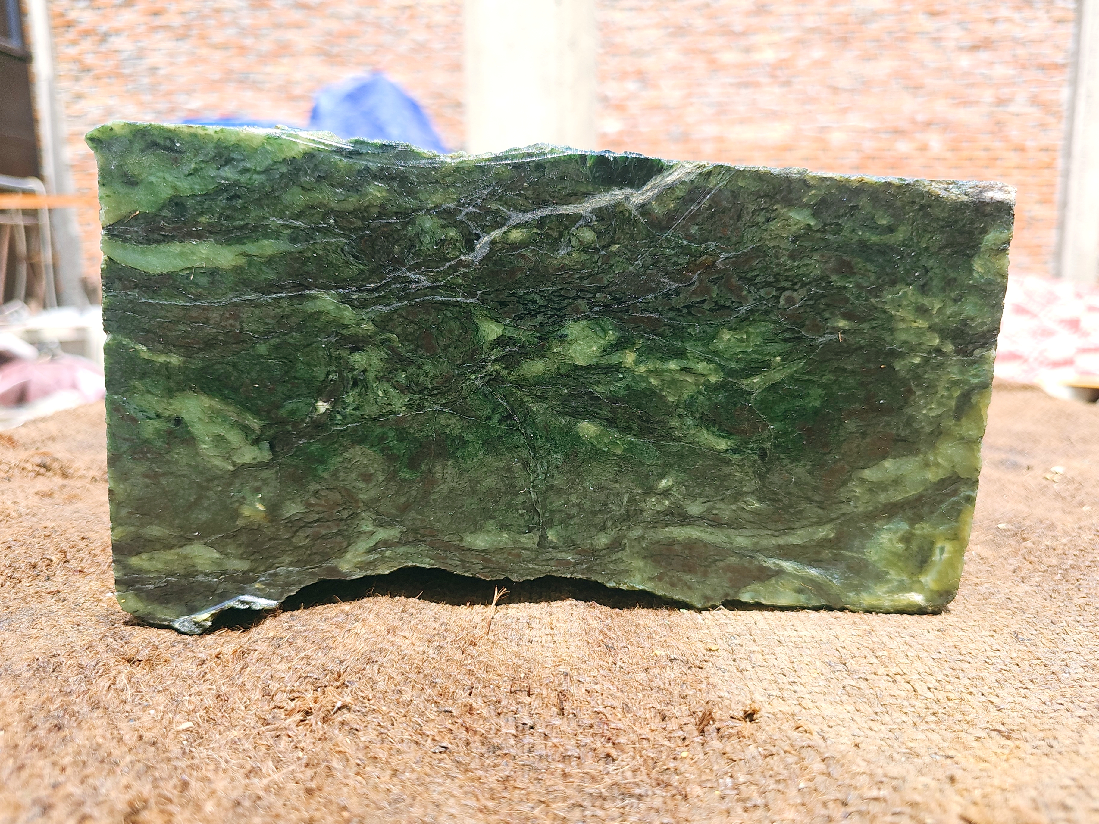 Natural Green Nephrite Jade Rough Stone – Pale Green with Dark Green and White Veins, 6.3 KG