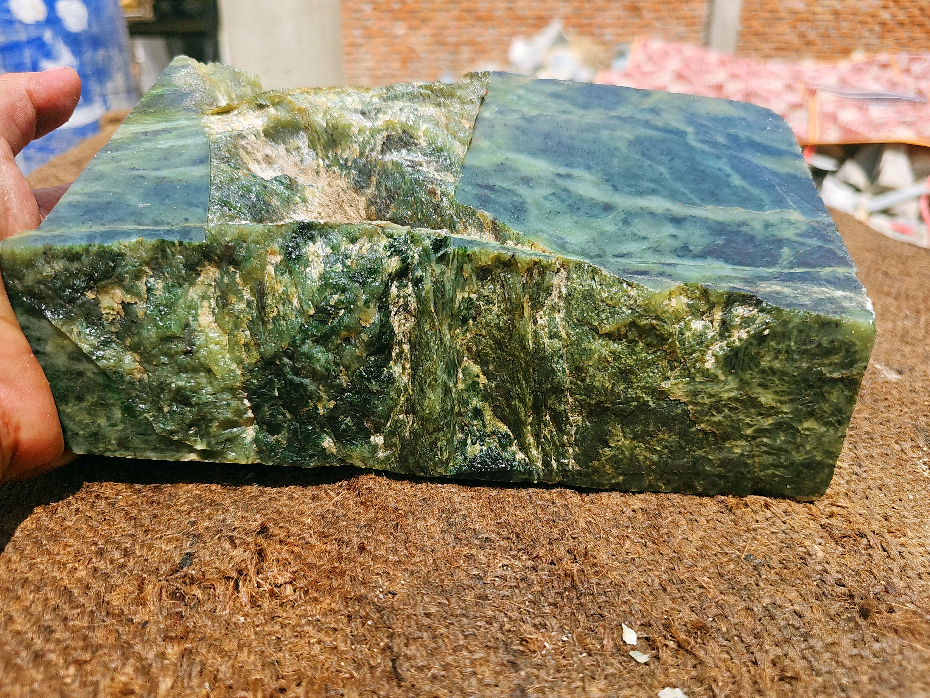 Natural Green Nephrite Jade Rough Stone – Pale Green with Dark Green and White Veins, 6.3 KG