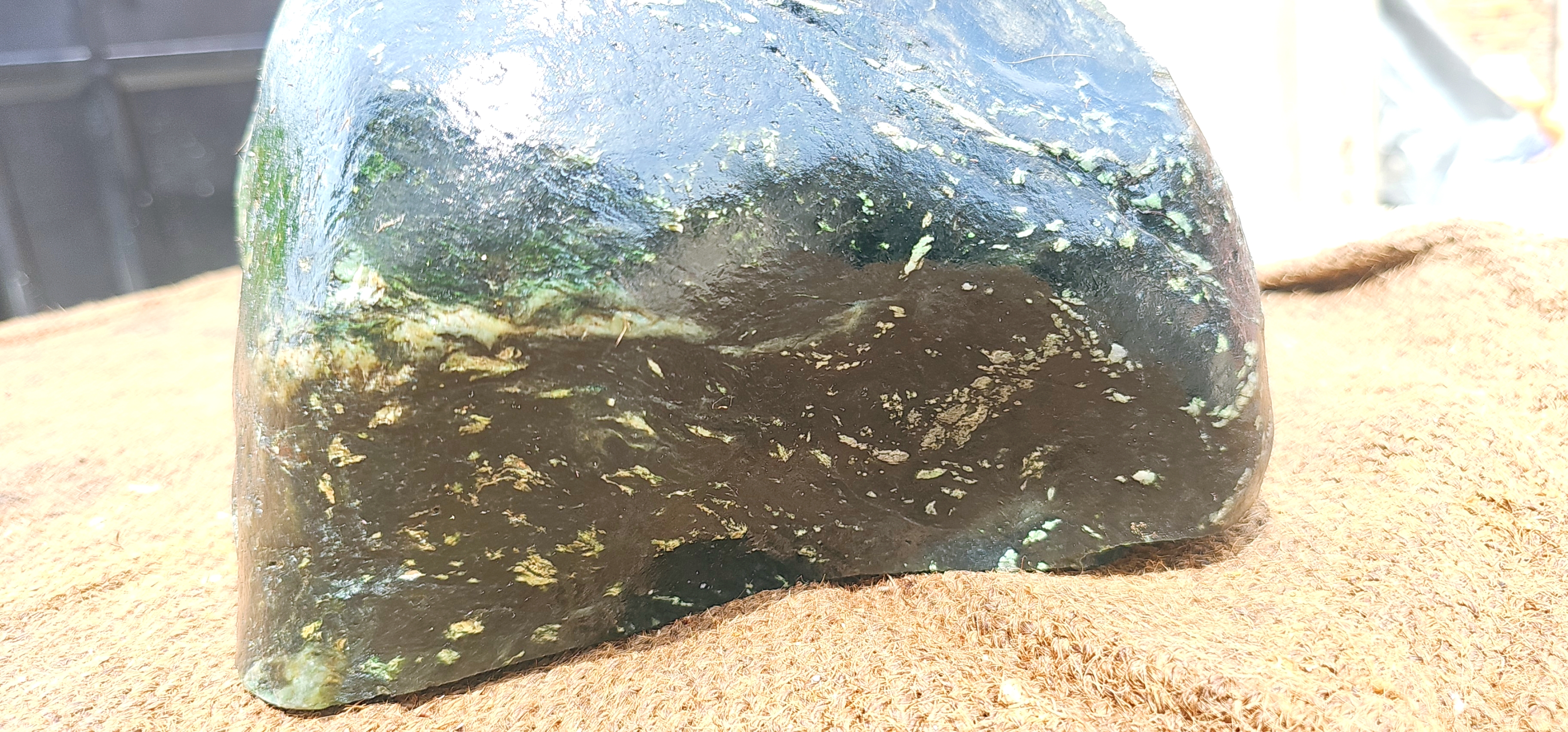 Natural Dark Green Nephrite Jade Rough Stone – Deep Green with Light Green Inclusions, 12.5 KG