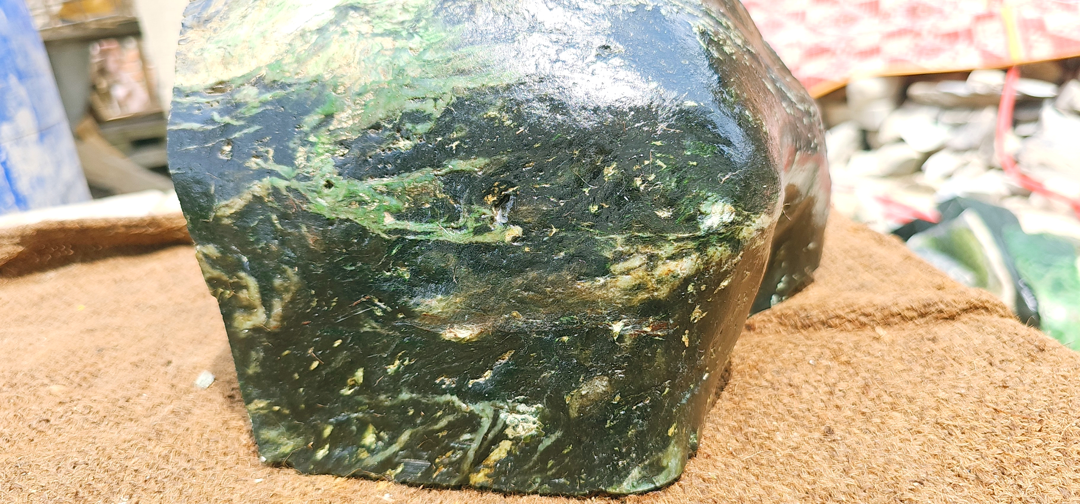 Natural Dark Green Nephrite Jade Rough Stone – Deep Green with Light Green Inclusions, 12.5 KG