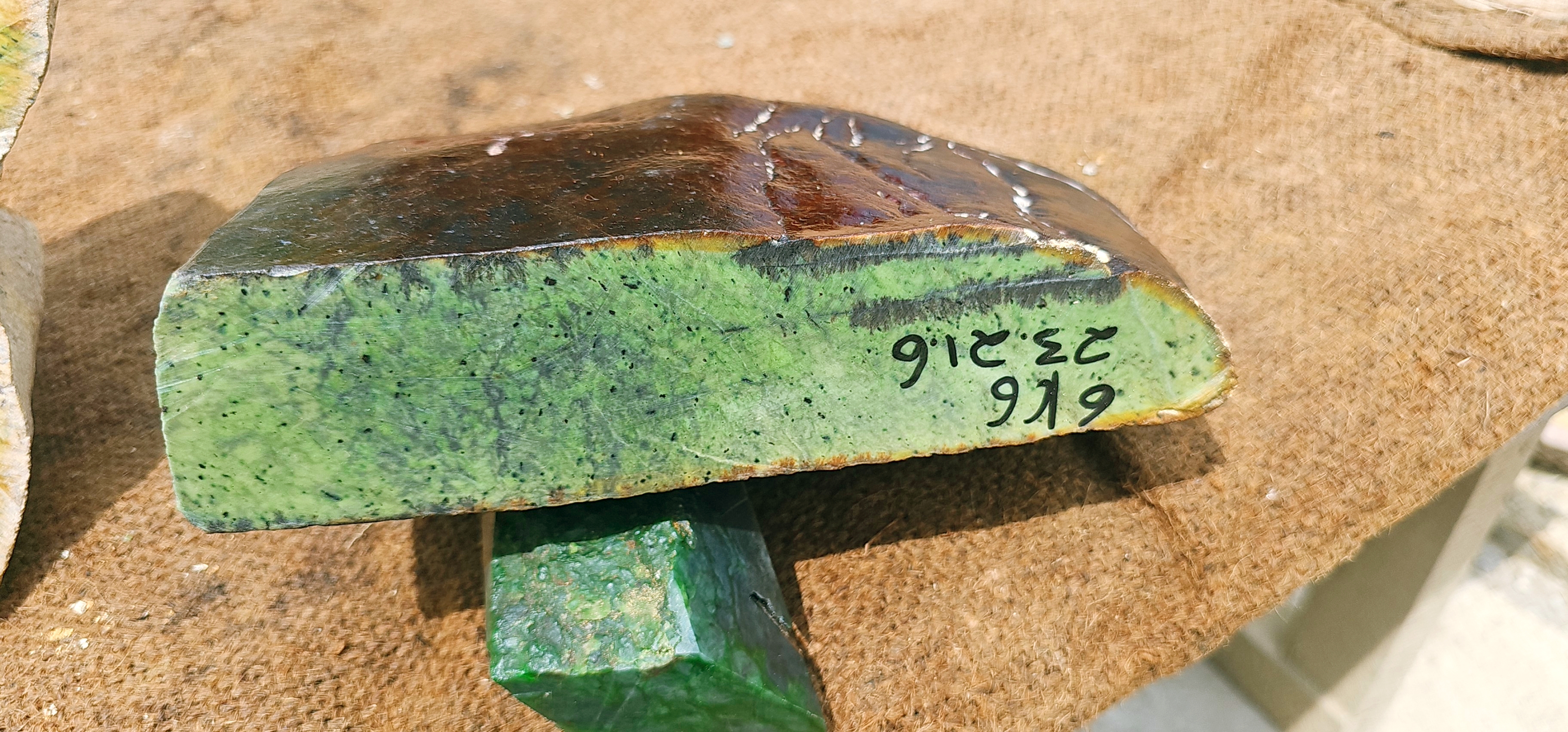 Natural Green Nephrite Jade Rough Stone – Dark Brown and Black Surface with Light Green Side, 6 KG