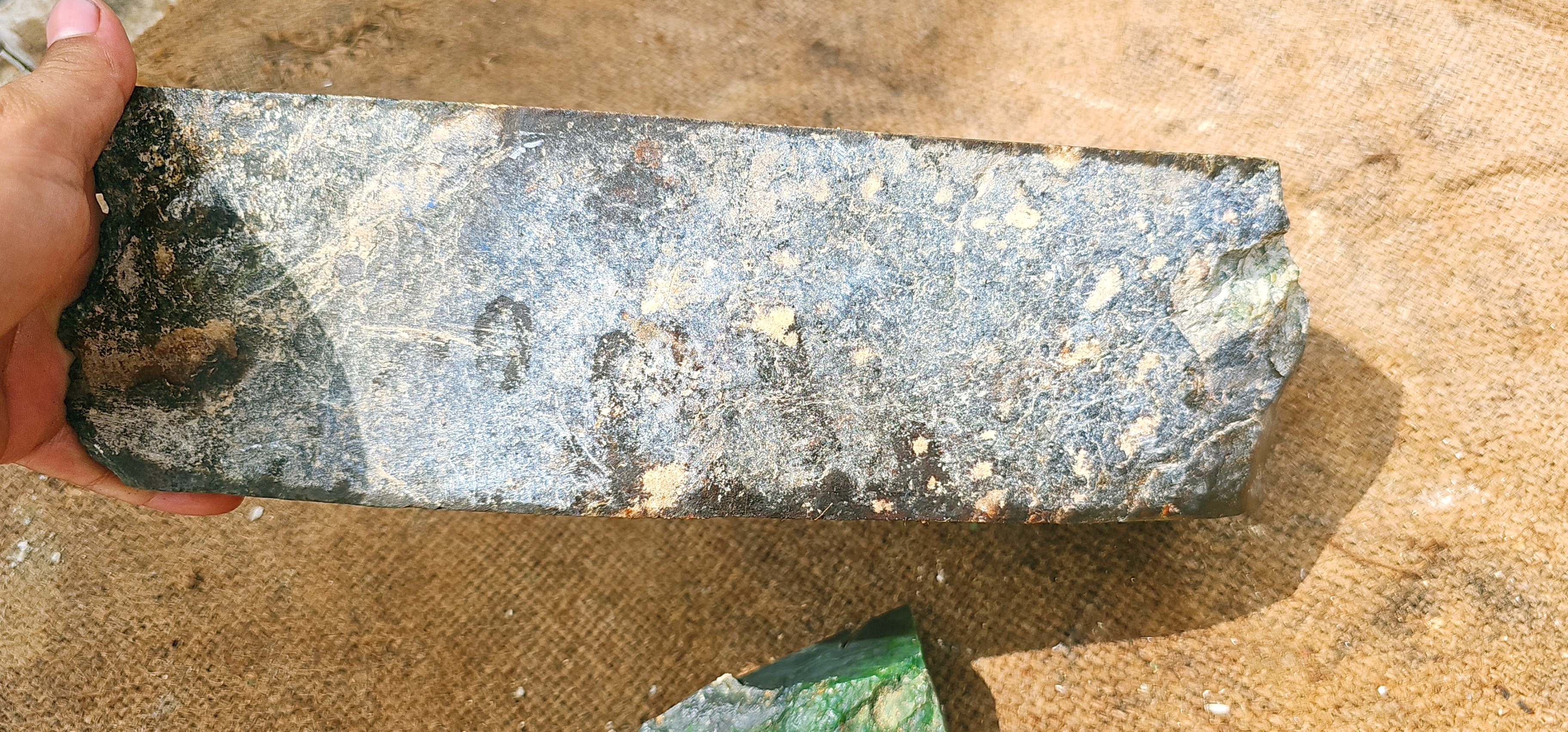 Natural Green Nephrite Jade Rough Stone with Dark Mineral Patterns – 5.6 KG
