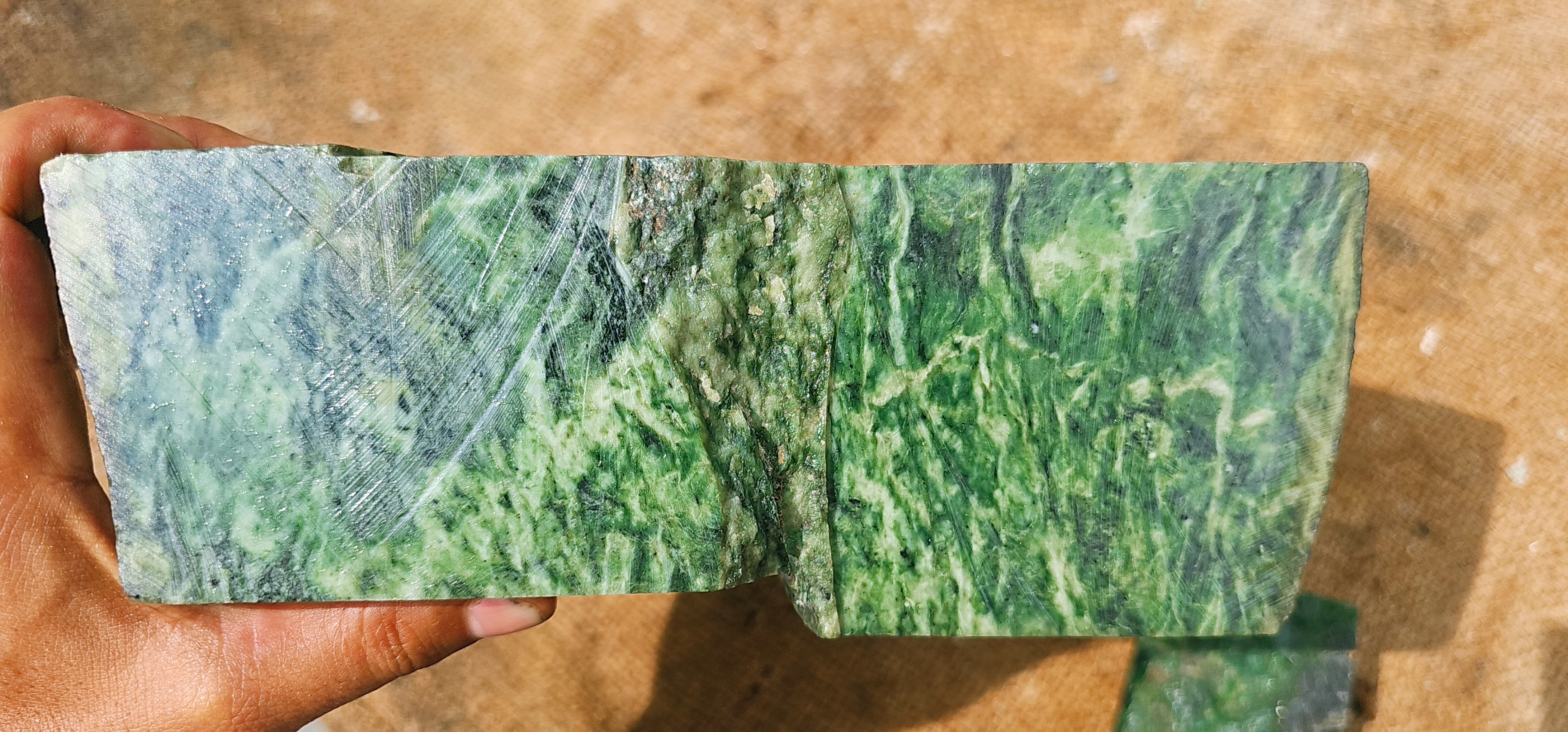 Natural Green Nephrite Jade Rough Stone – Striped Green Pattern, Unpolished Gemstone