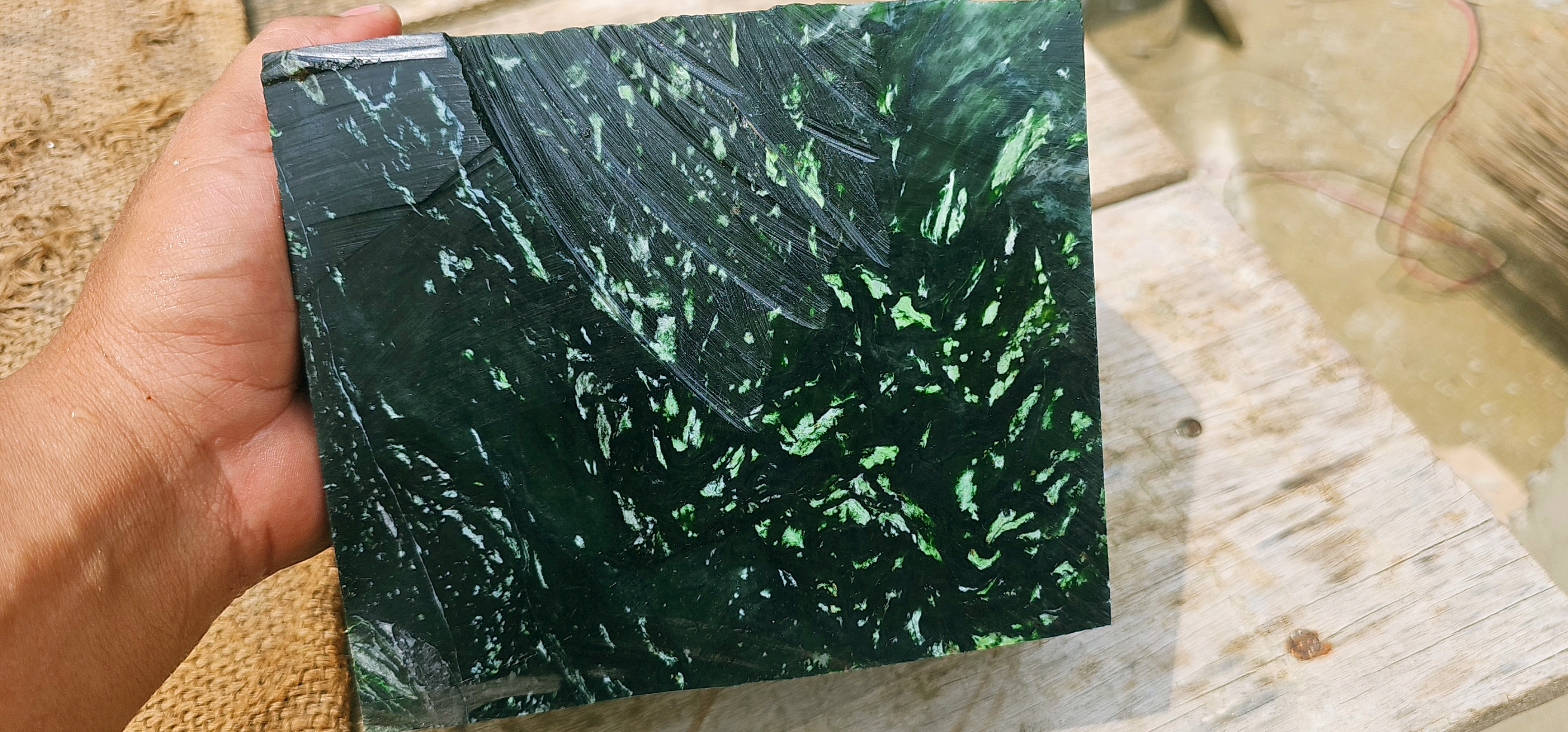 7KG Natural Green Nephrite Jade Rough Slab – Dark Green with White and Light Green Inclusions