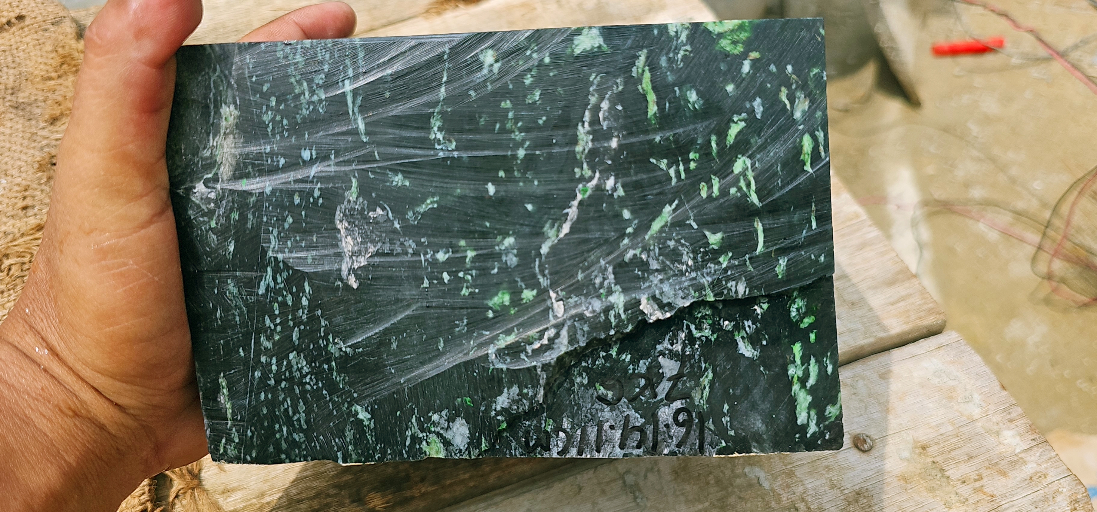 7KG Natural Green Nephrite Jade Rough Slab – Dark Green with White and Light Green Inclusions