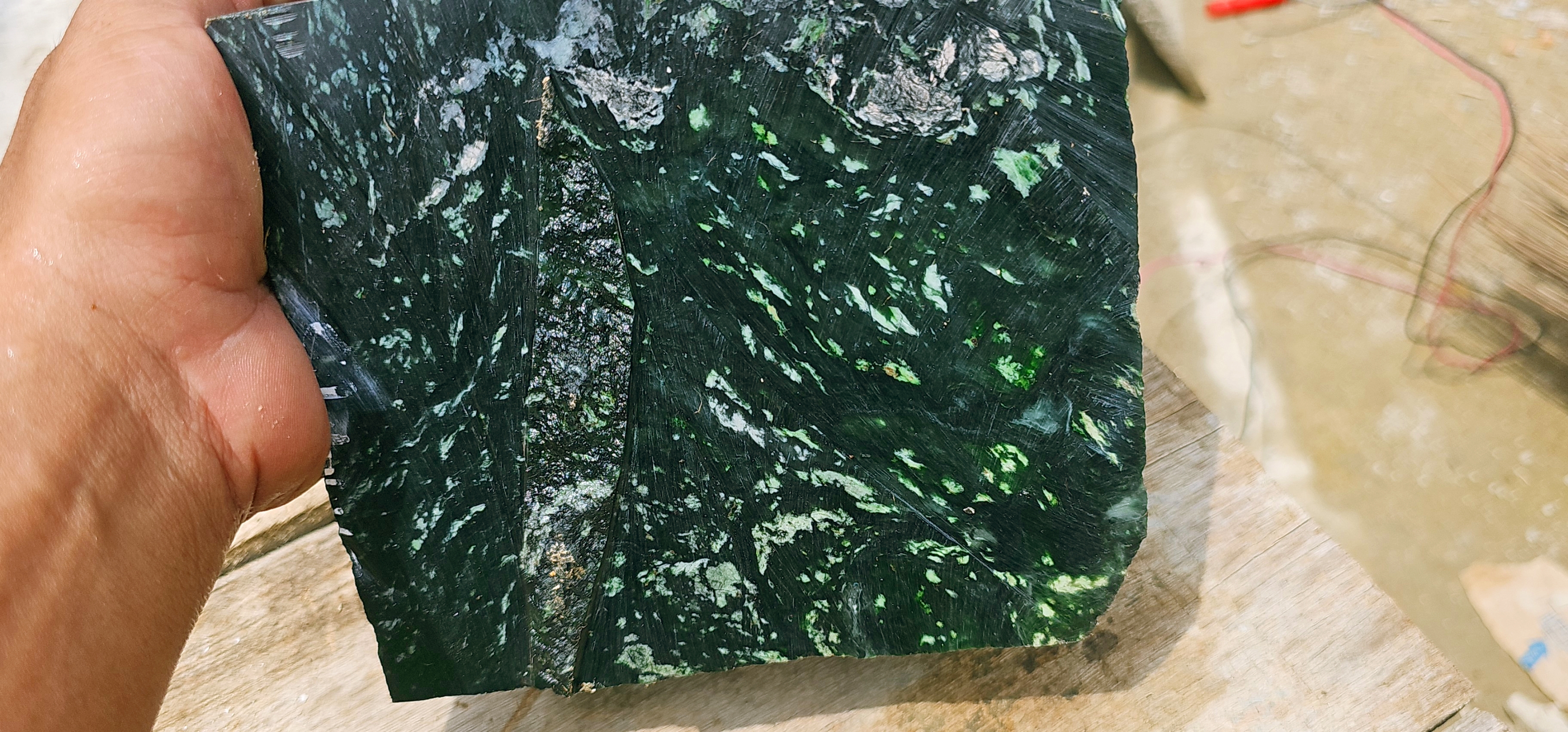 7KG Natural Green Nephrite Jade Rough Slab – Dark Green with White and Light Green Inclusions