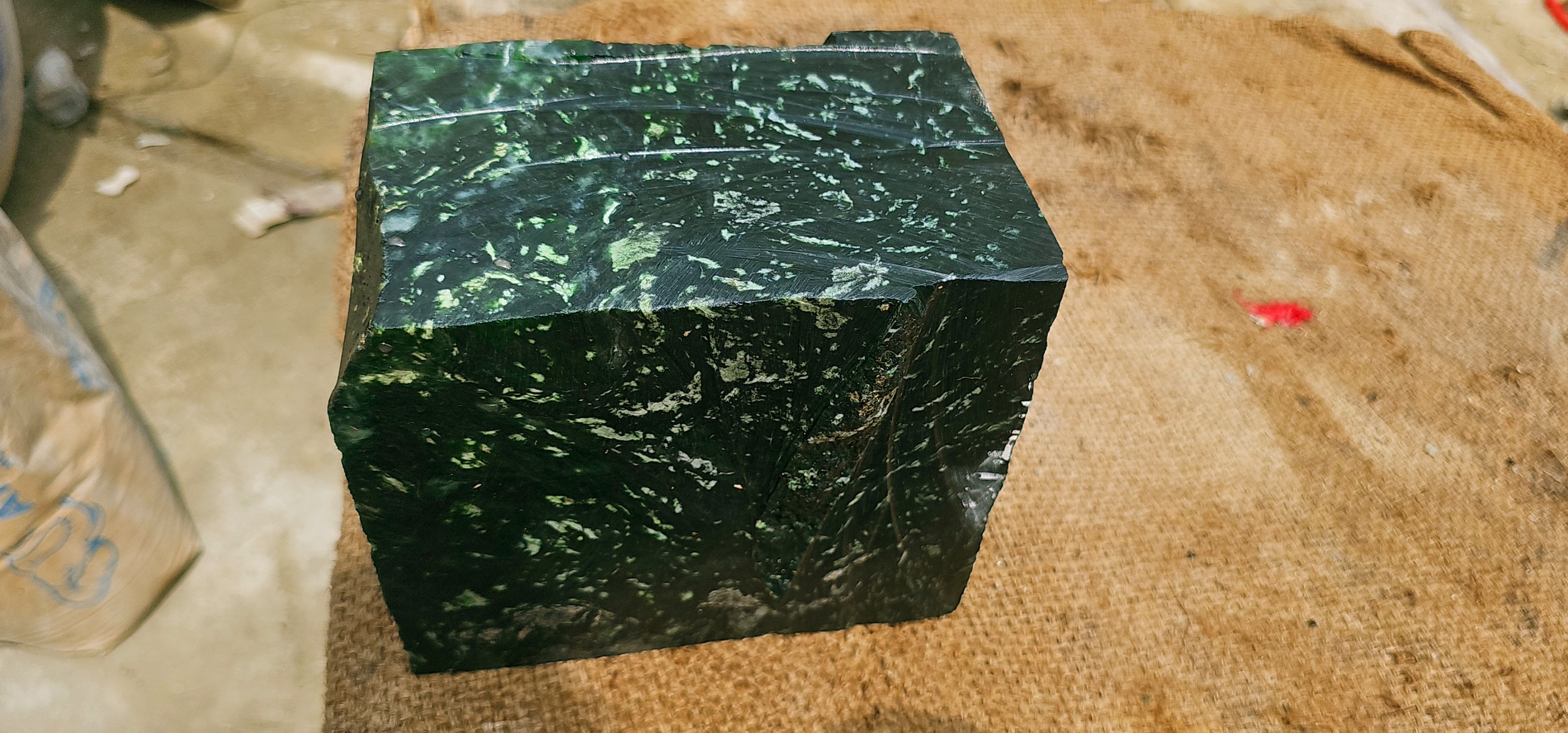 7KG Natural Green Nephrite Jade Rough Slab – Dark Green with White and Light Green Inclusions