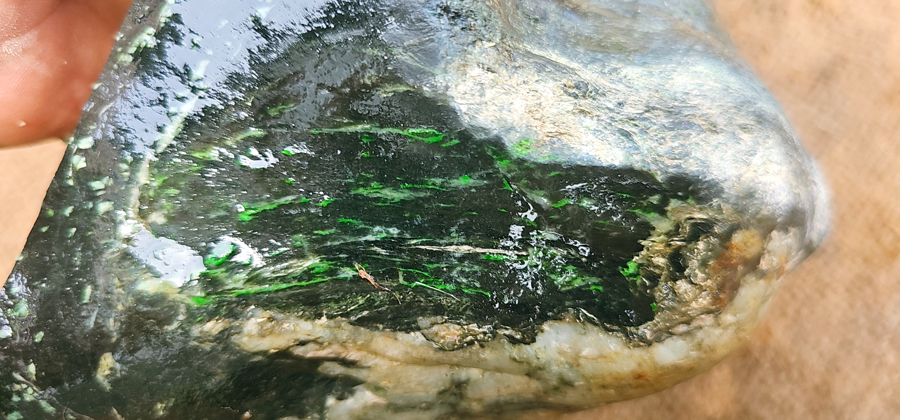 Natural Dark Green Nephrite Jade Rough Slab – Blue-Green Base with White and Light Green Inclusions