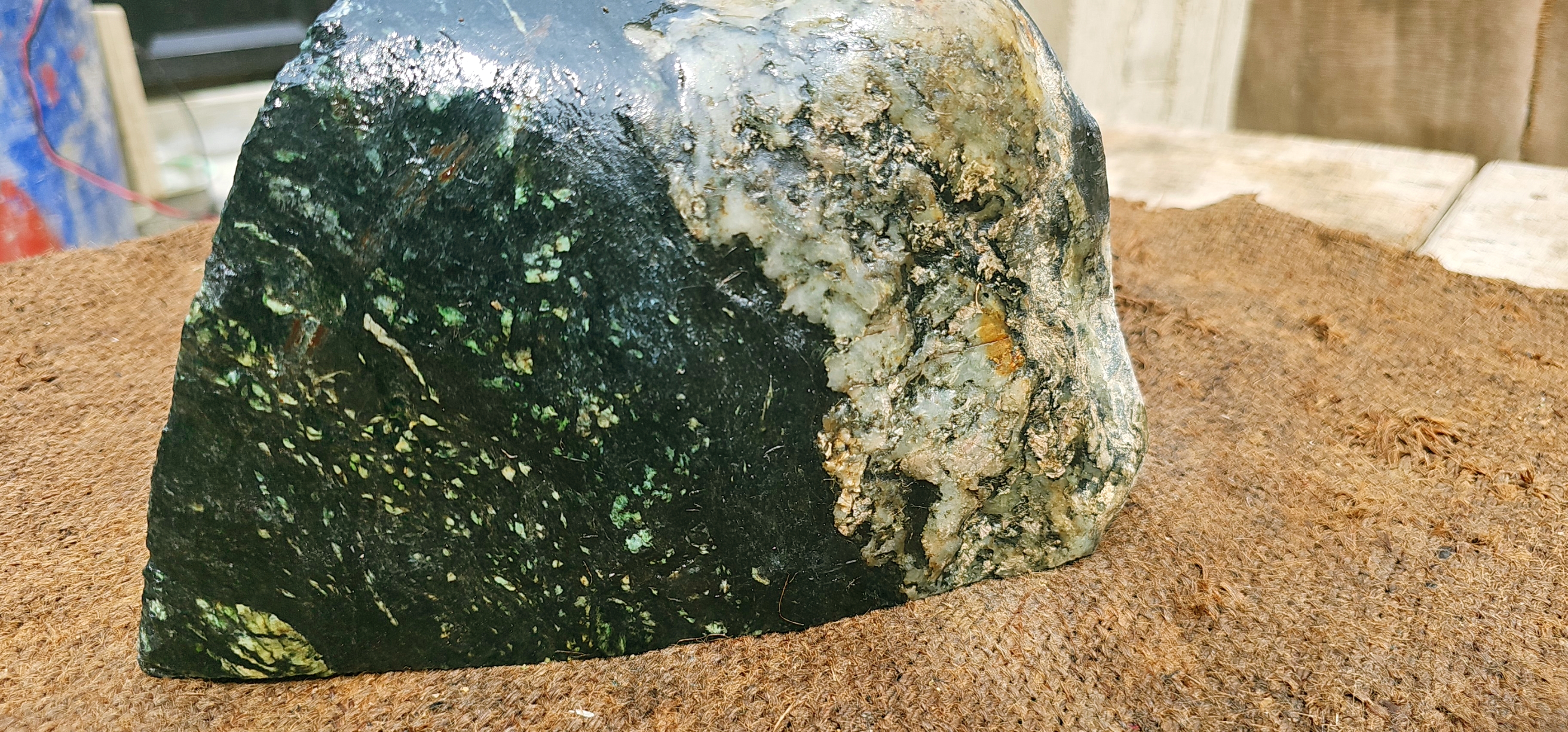 Natural Dark Green Nephrite Jade Rough Slab – Blue-Green Base with White and Light Green Inclusions