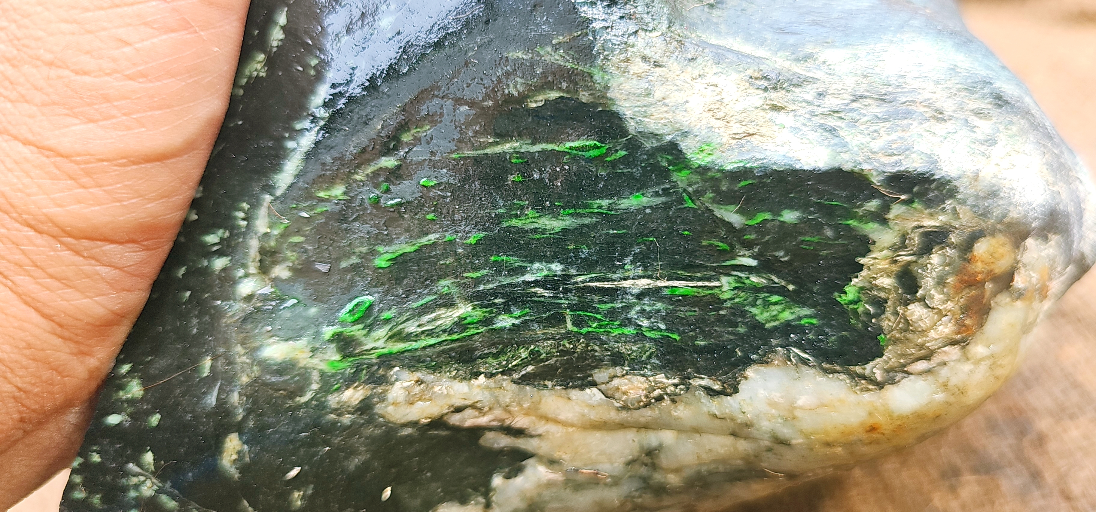Natural Dark Green Nephrite Jade Rough Slab – Blue-Green Base with White and Light Green Inclusions