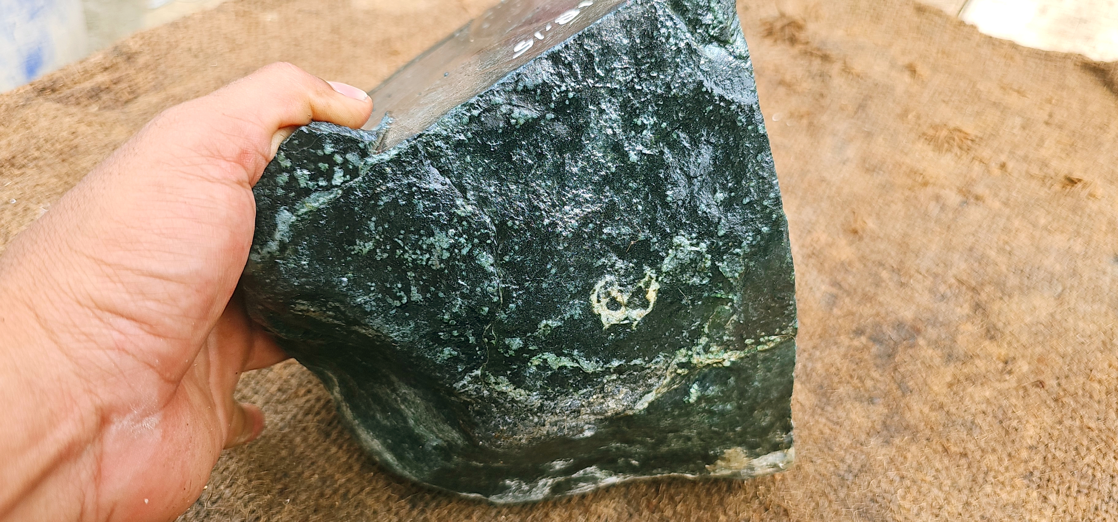 Natural Dark Green Nephrite Jade Rough Slab – Blue-Green Base with White and Light Green Inclusions