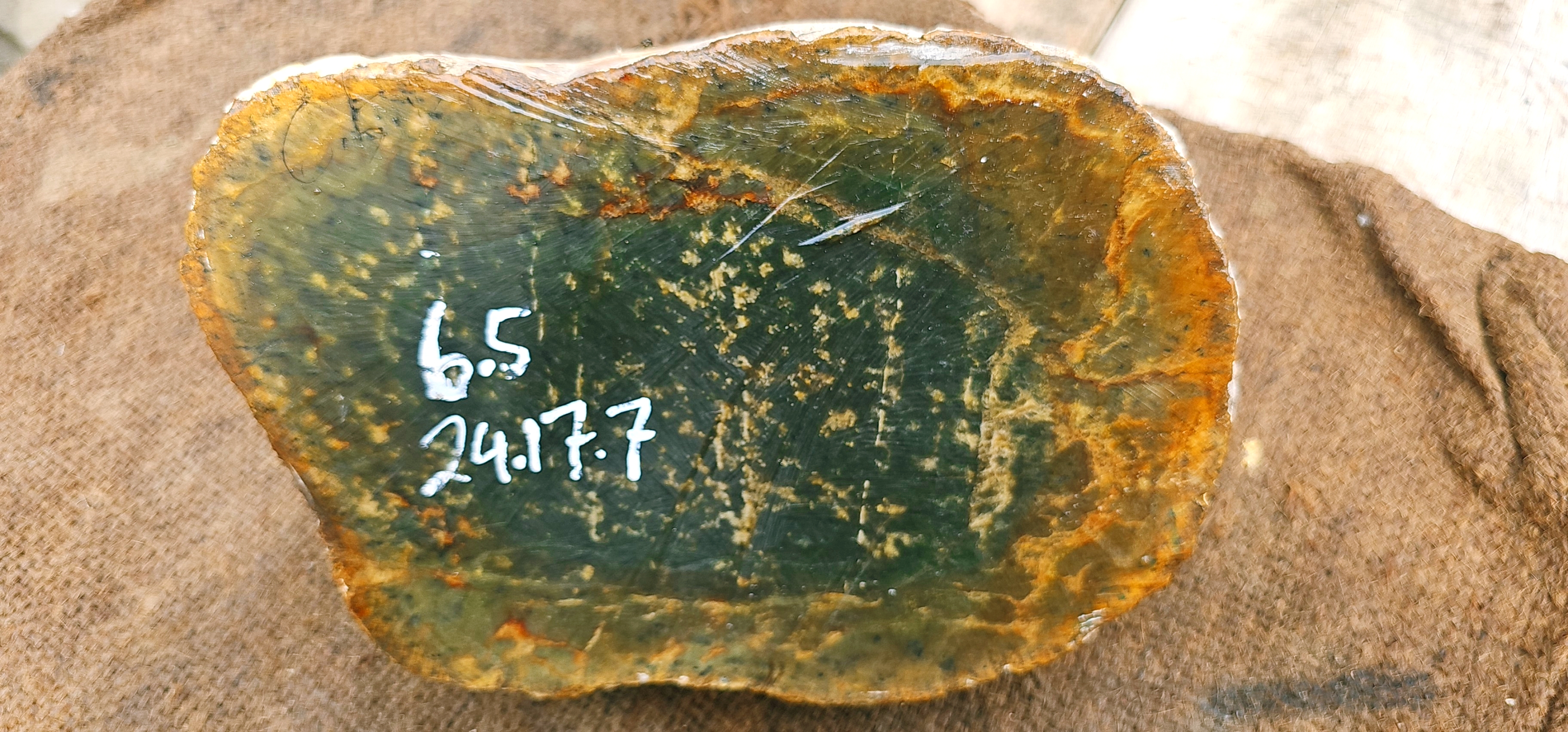6.5KG Natural Dark Green Nephrite Jade Rough Slab – Green Stone with Golden Yellow and Orange-Brown Inclusions