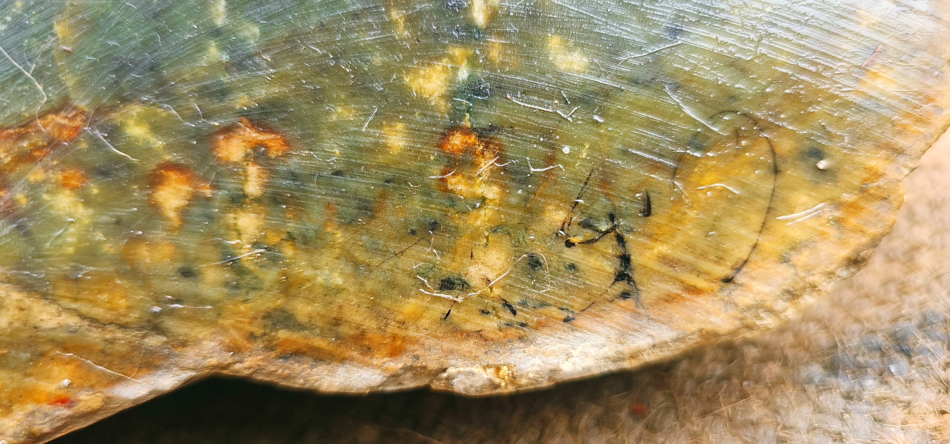 6.5KG Natural Dark Green Nephrite Jade Rough Slab – Green Stone with Golden Yellow and Orange-Brown Inclusions