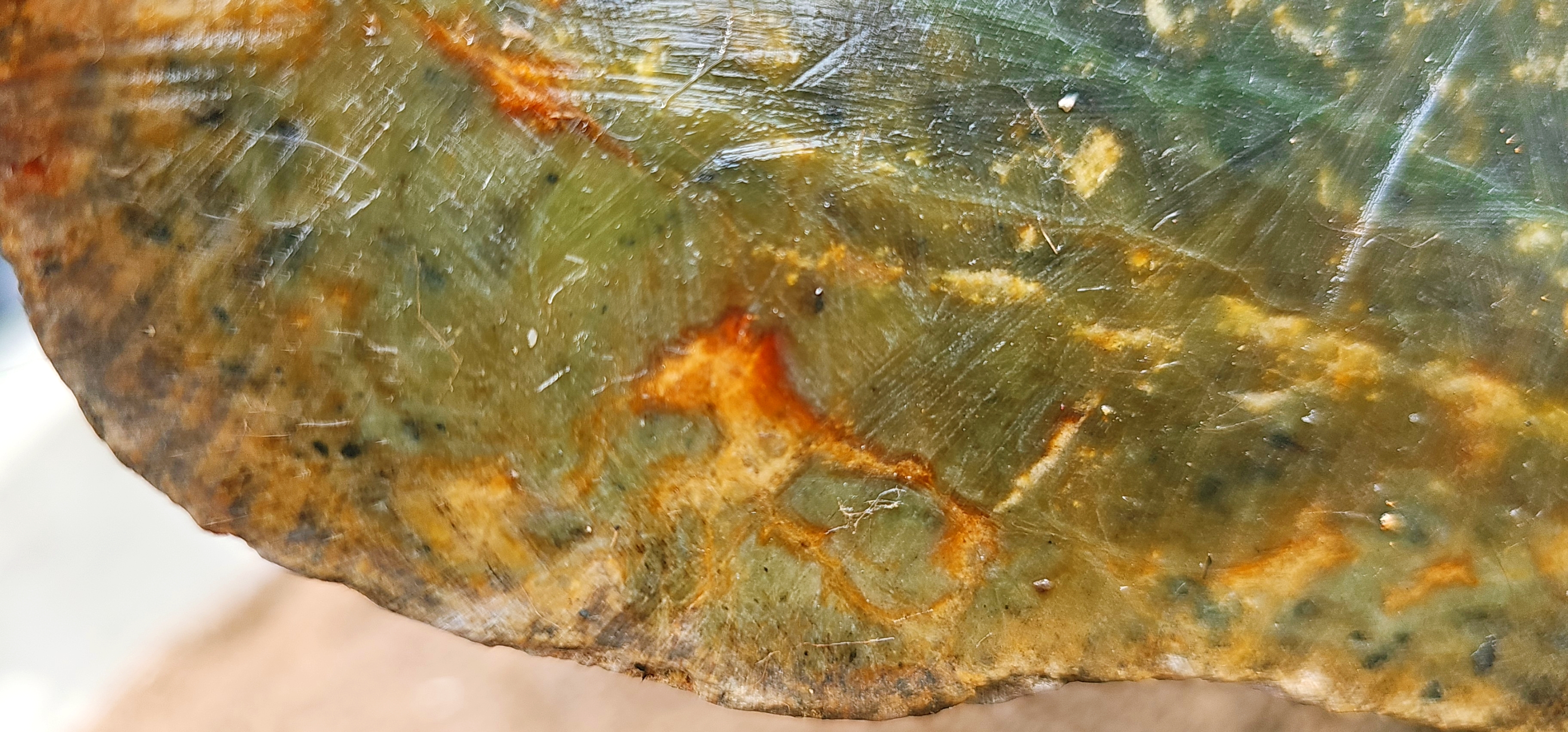 6.5KG Natural Dark Green Nephrite Jade Rough Slab – Green Stone with Golden Yellow and Orange-Brown Inclusions