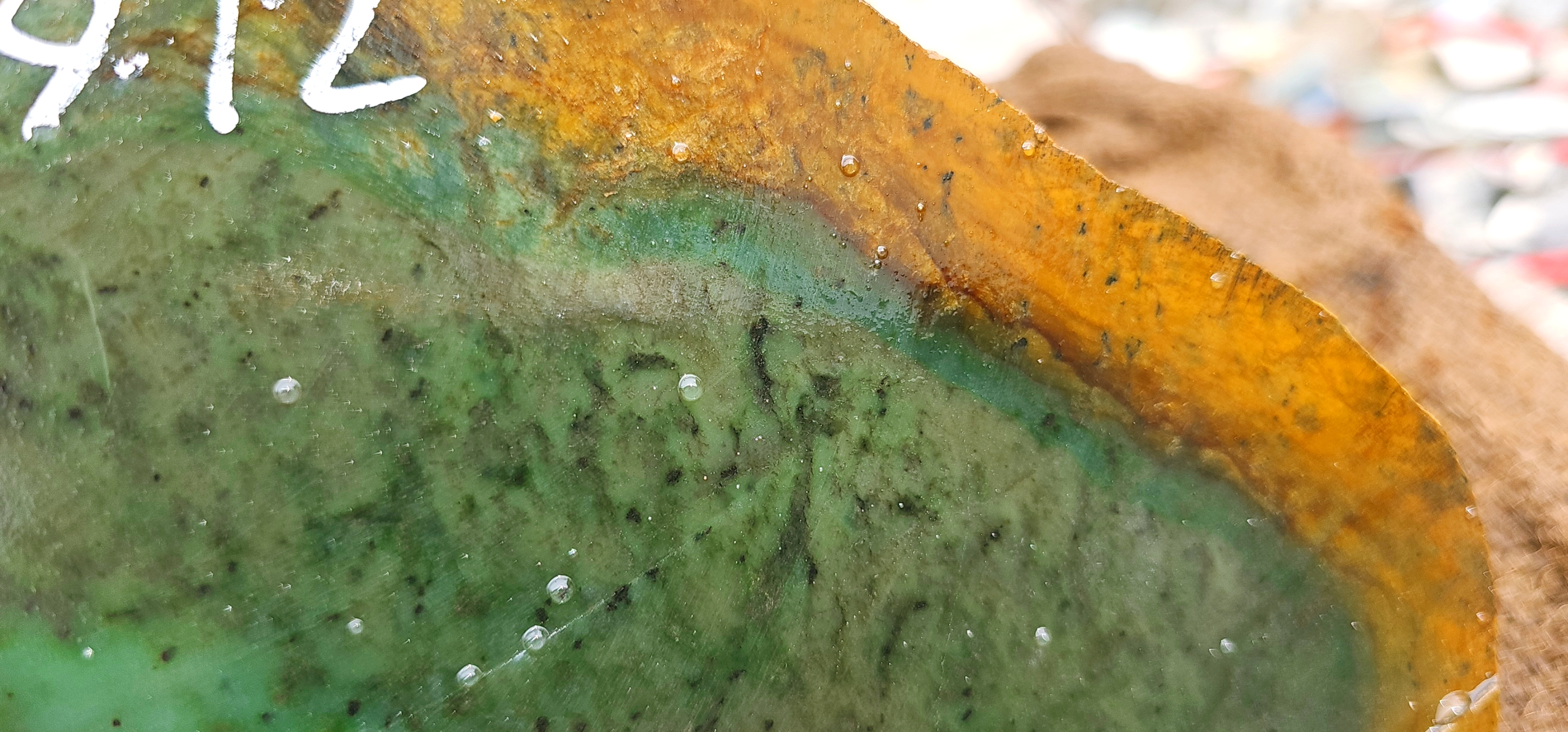 6.7KG Natural Green Nephrite Jade Rough Slab – Deep Green Center with Golden Yellow and Orange-Brown Outer Patterns