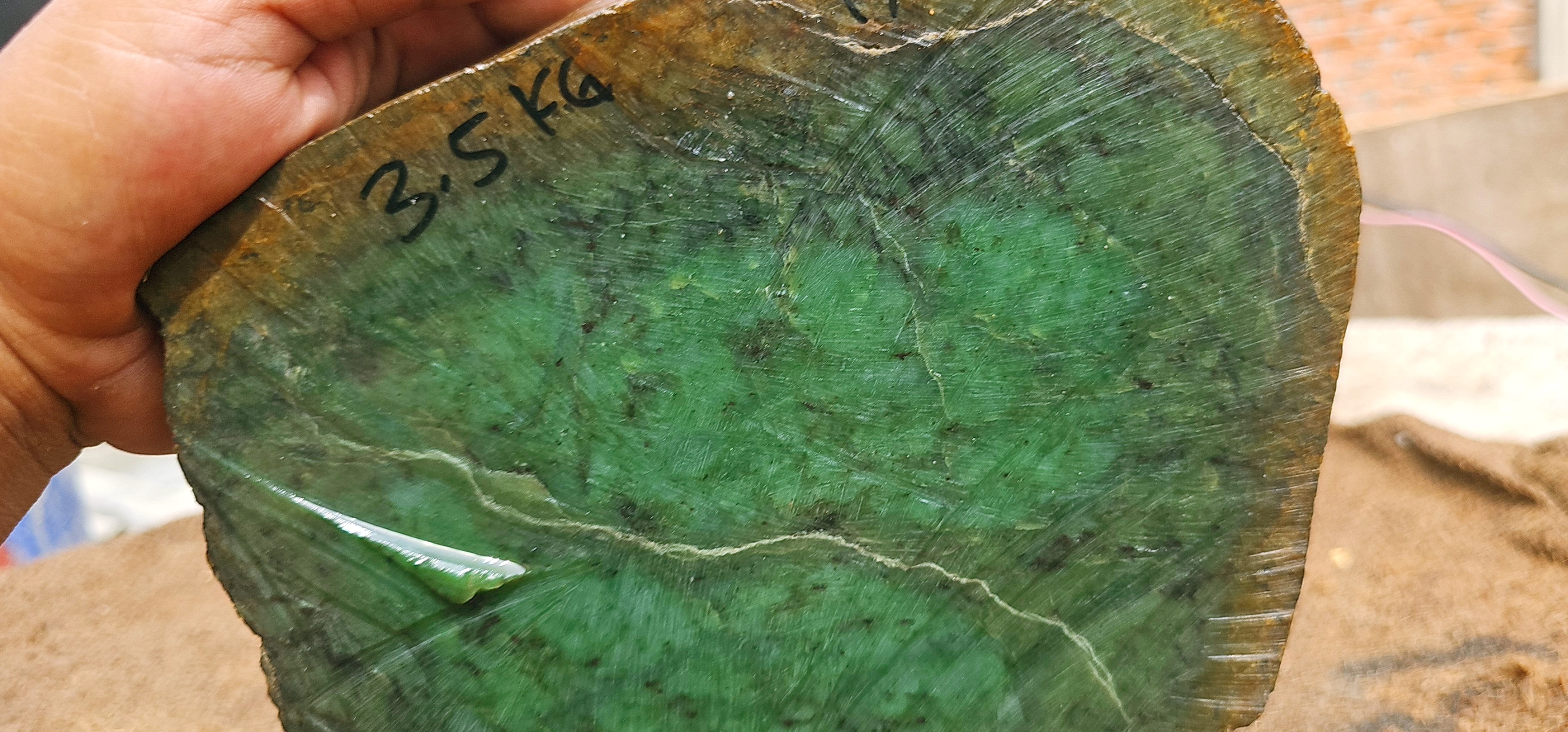 3.5KG Natural Green Nephrite Jade Rough Slab – Deep Emerald Green with Golden Brown Outer Skin