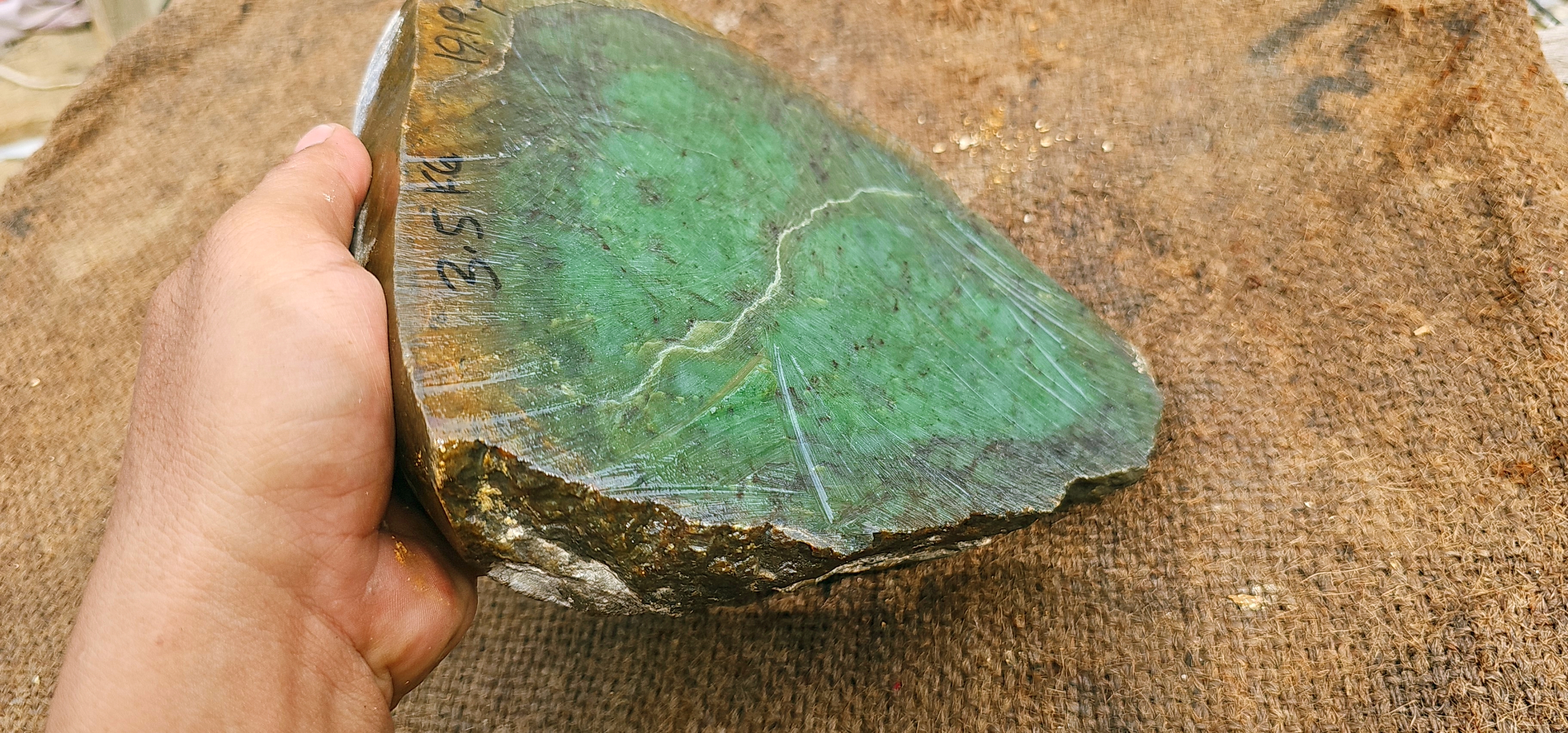 3.5KG Natural Green Nephrite Jade Rough Slab – Deep Emerald Green with Golden Brown Outer Skin