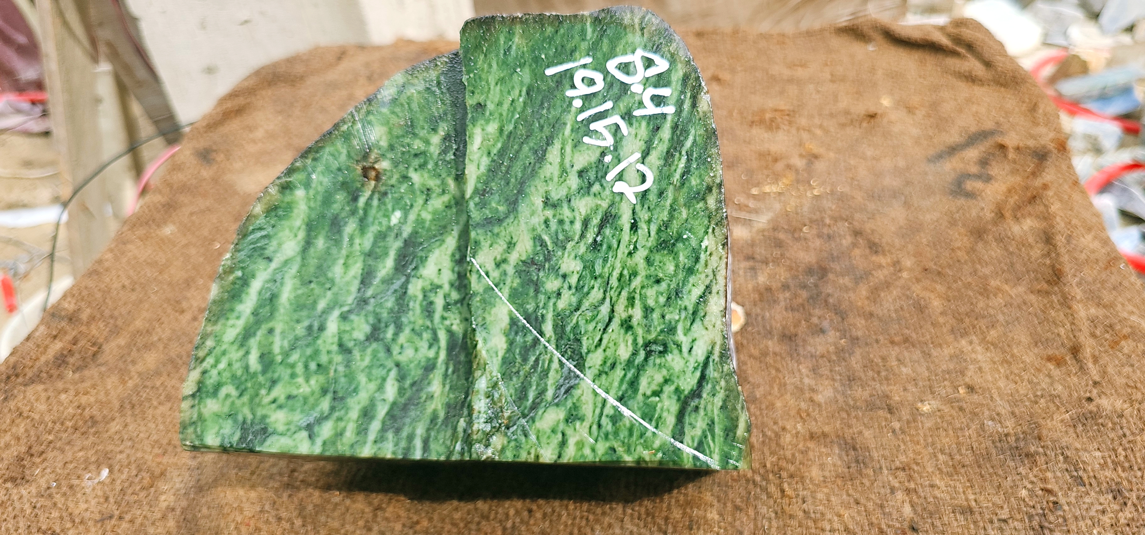 Natural Green Nephrite Jade Rough Slab – Dark Green with Light Green Patterns, 8.4 KG
