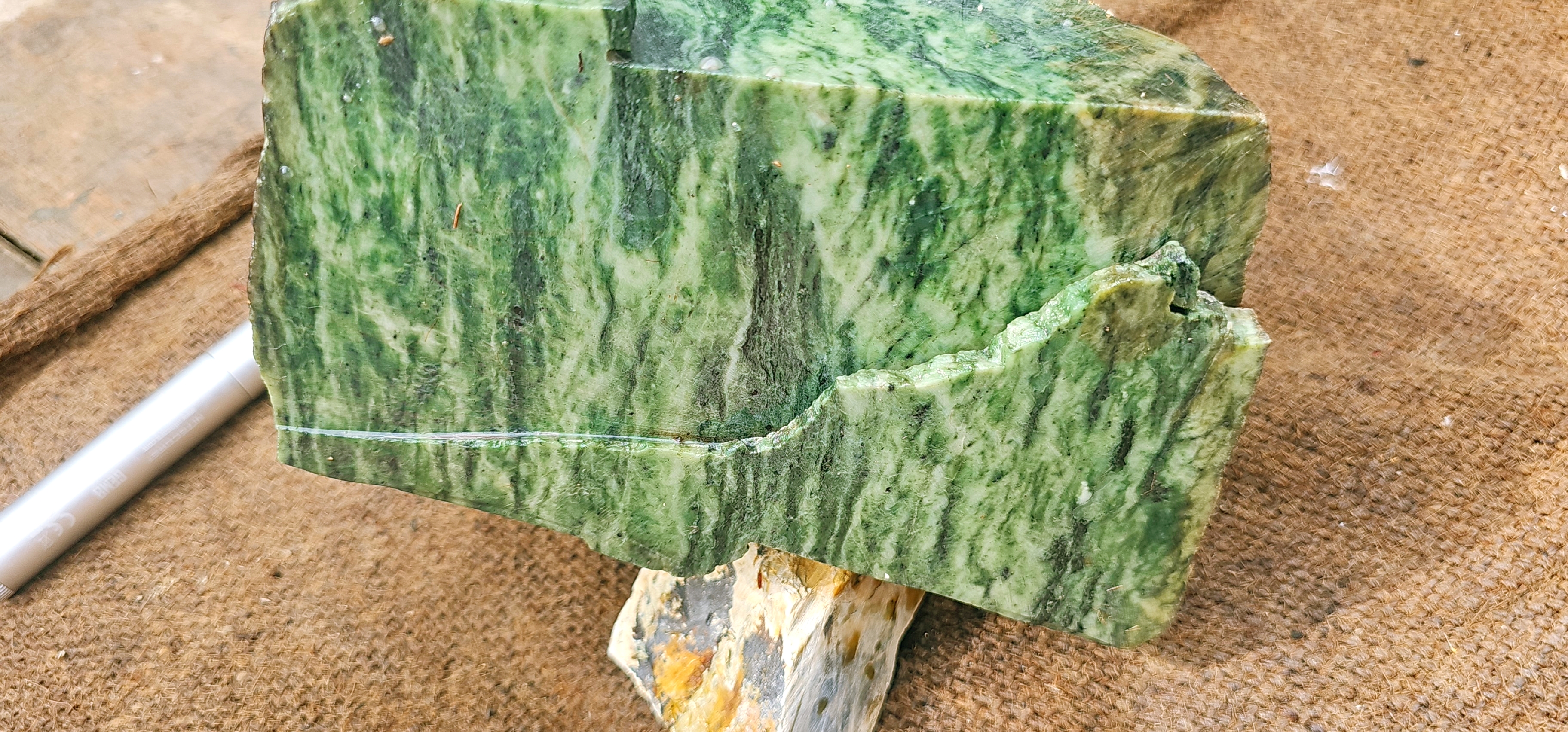 Natural Green Nephrite Jade Rough Slab – Dark Green with Light Green Patterns, 8.4 KG