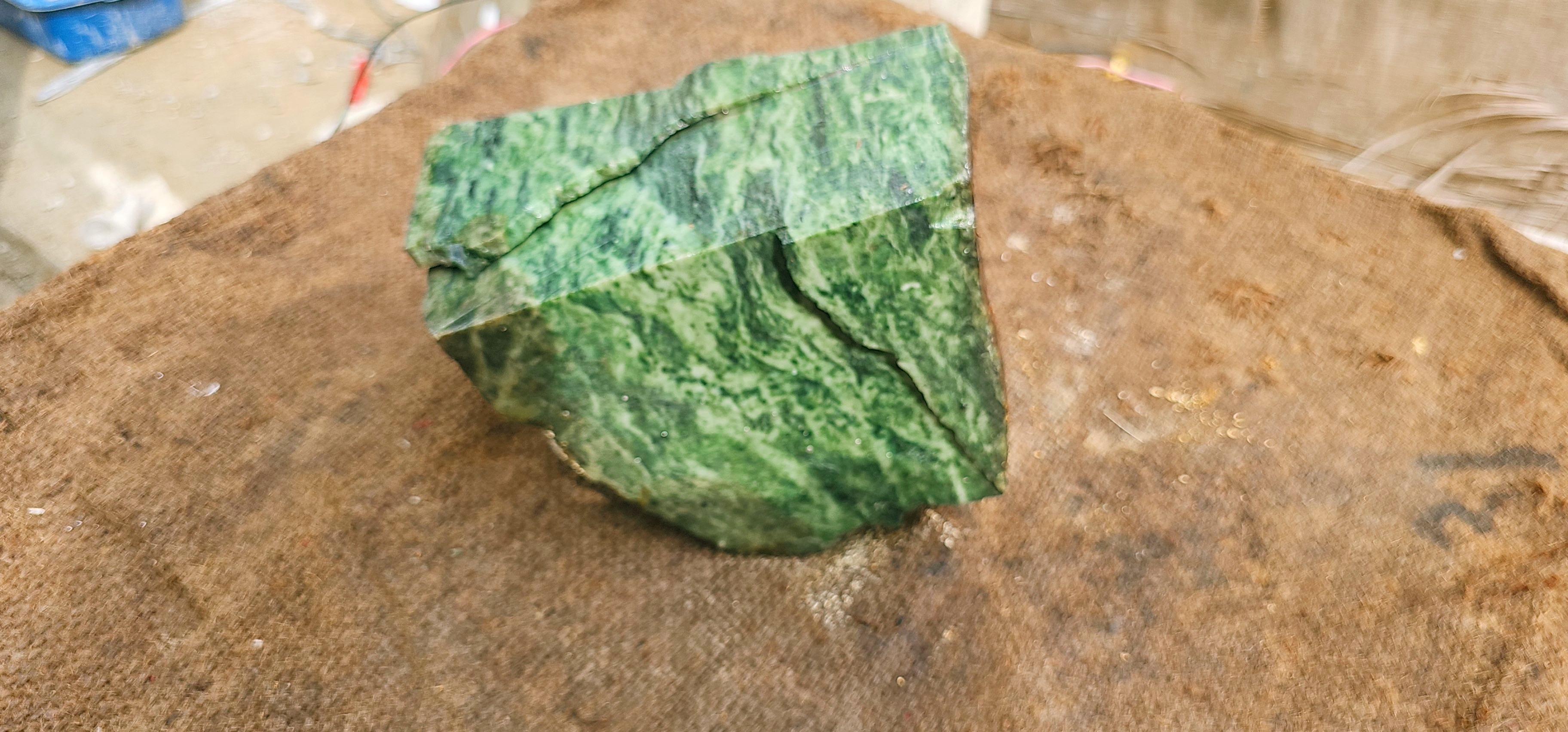 Natural Green Nephrite Jade Rough Slab – Dark Green with Light Green Patterns, 8.4 KG