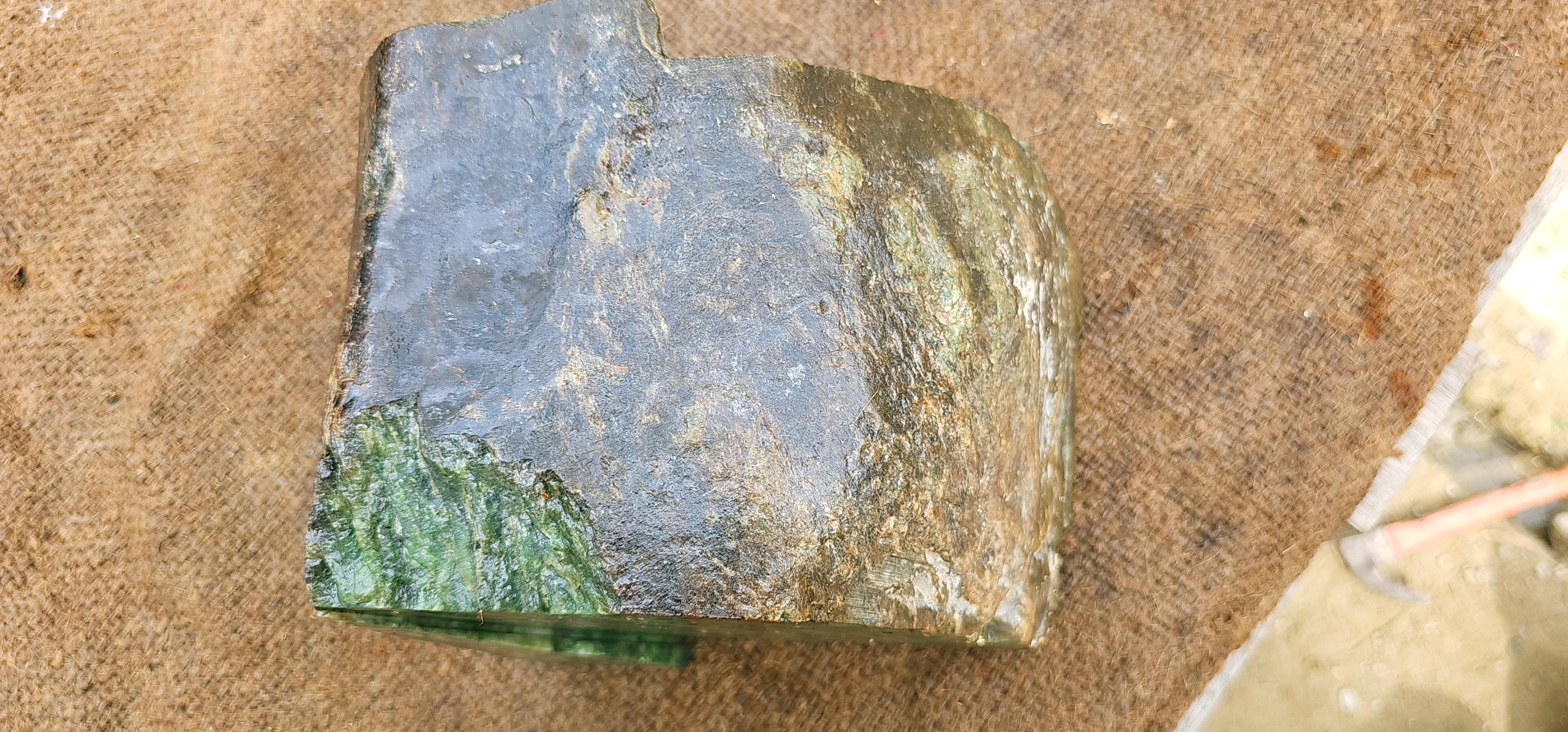 Natural Green Nephrite Jade Rough Slab – Dark Green with Light Green Patterns, 8.4 KG