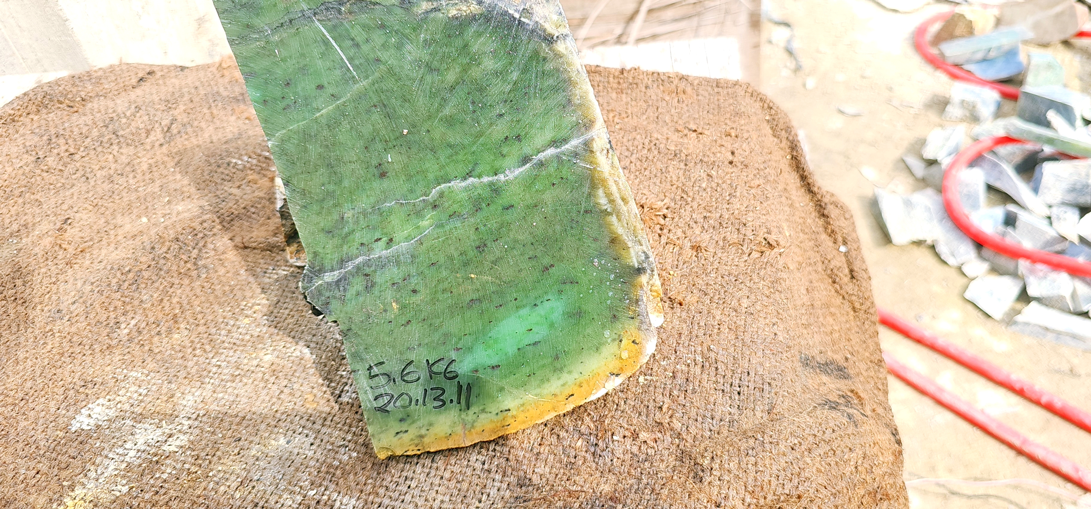 Natural Green Nephrite Jade Rough Slab – Dark Green with Yellow-Green Veins, 5.6 KG
