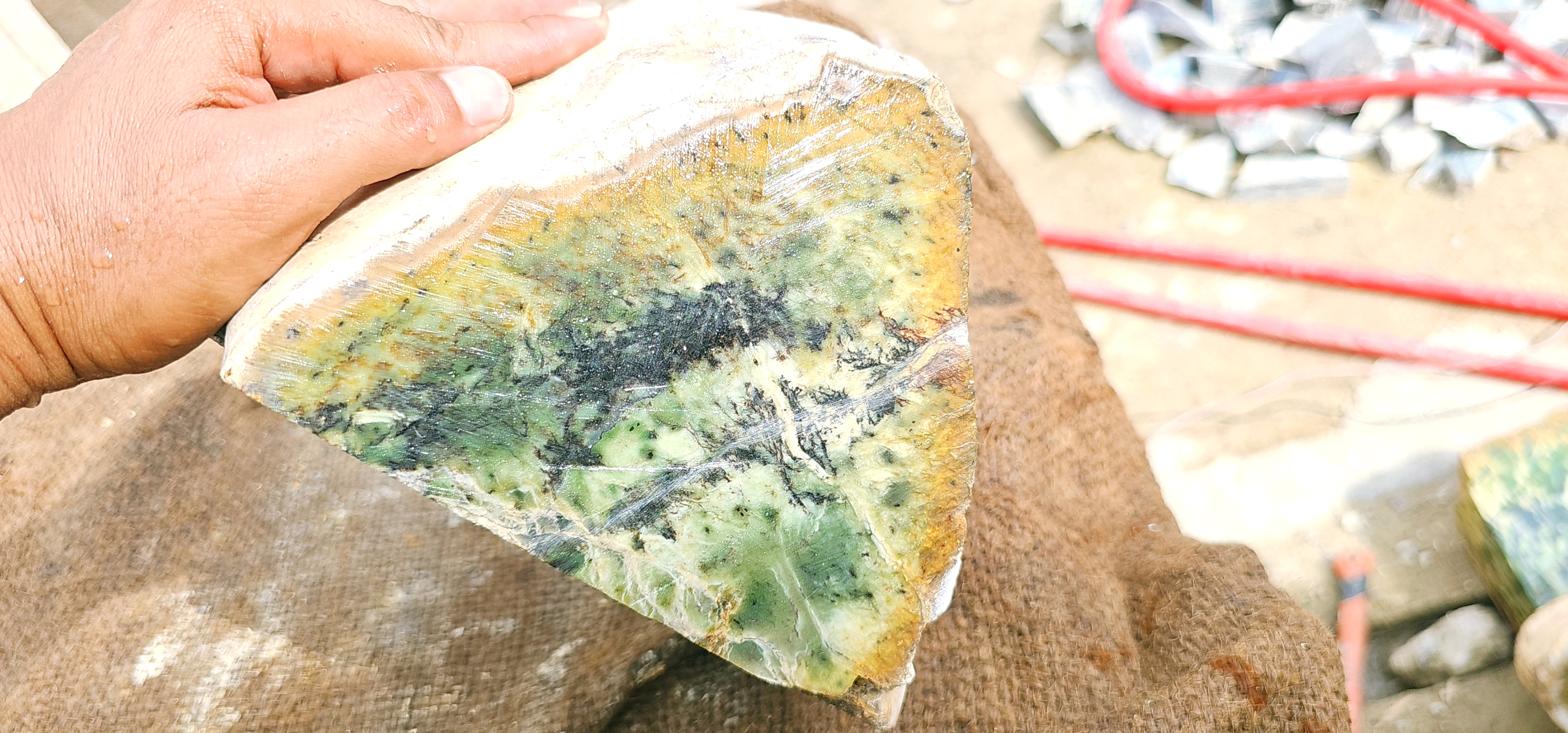 Natural Green Nephrite Jade Rough Slab – Dark Green with Yellow-Green Veins, 5.6 KG