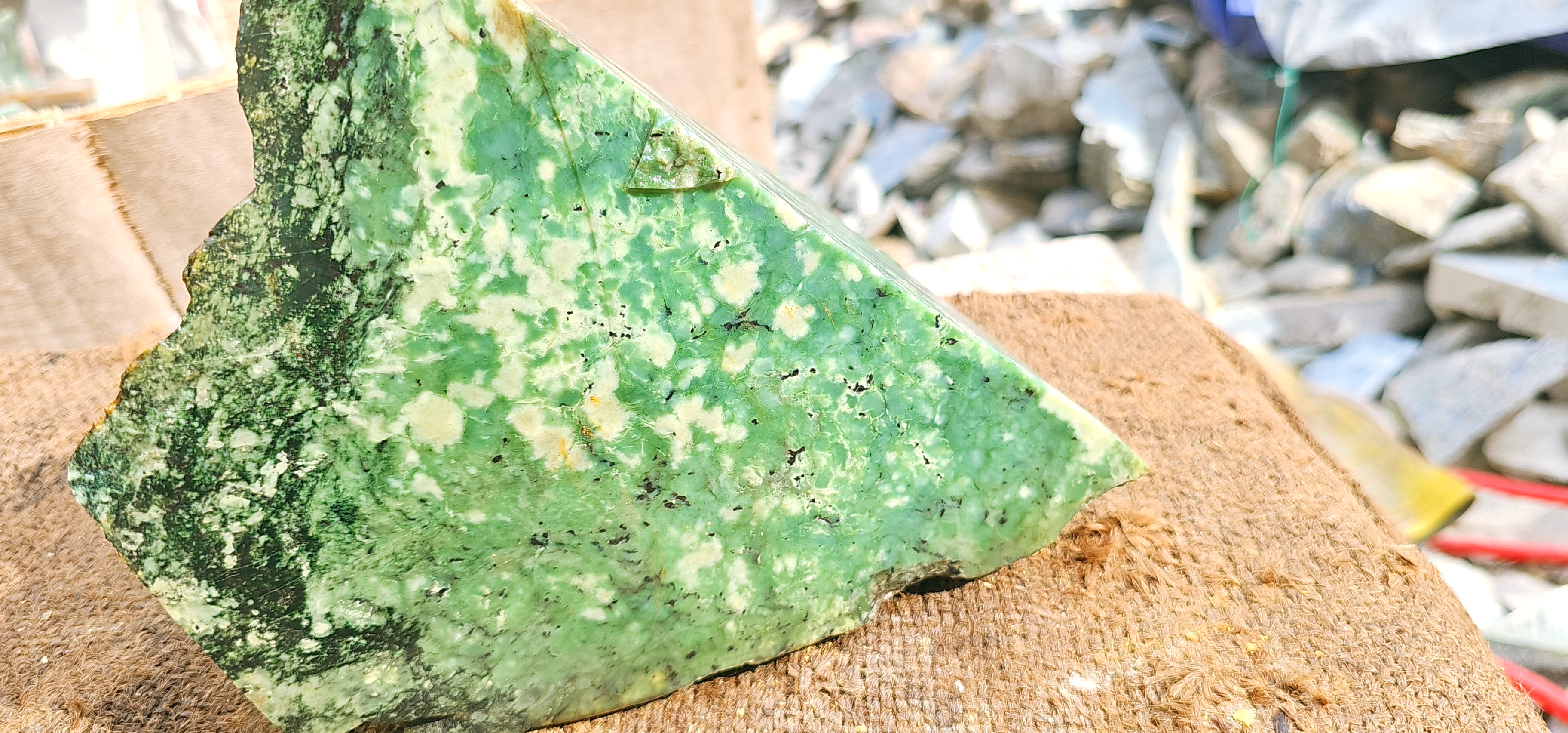 Natural Green Nephrite Jade Rough Slab – Mint Green and Dark Green Patterns, 6.4 KG