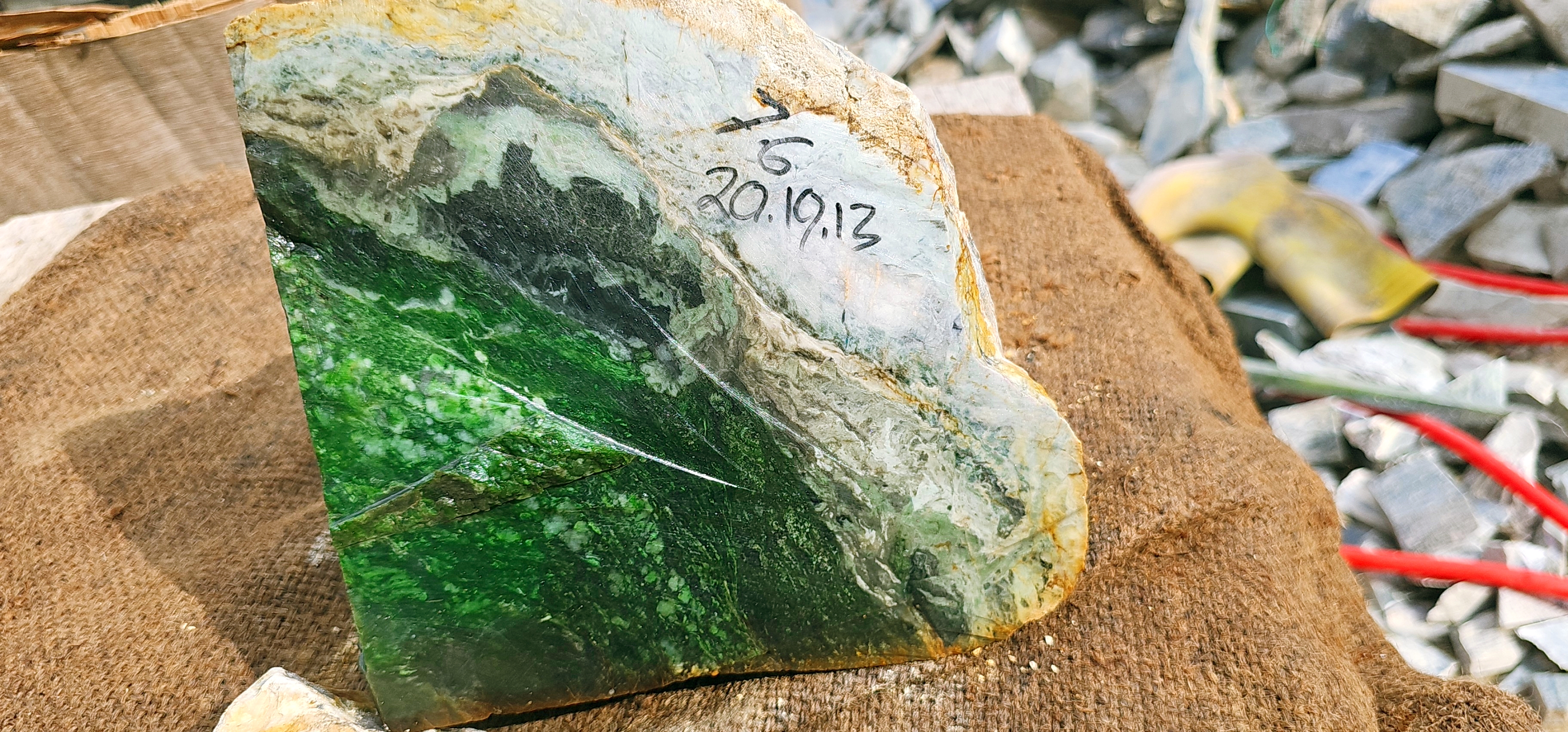 Natural Dark Green Nephrite Jade Rough Slab with White and Pale Green Mineral Veins – 7.6 KG