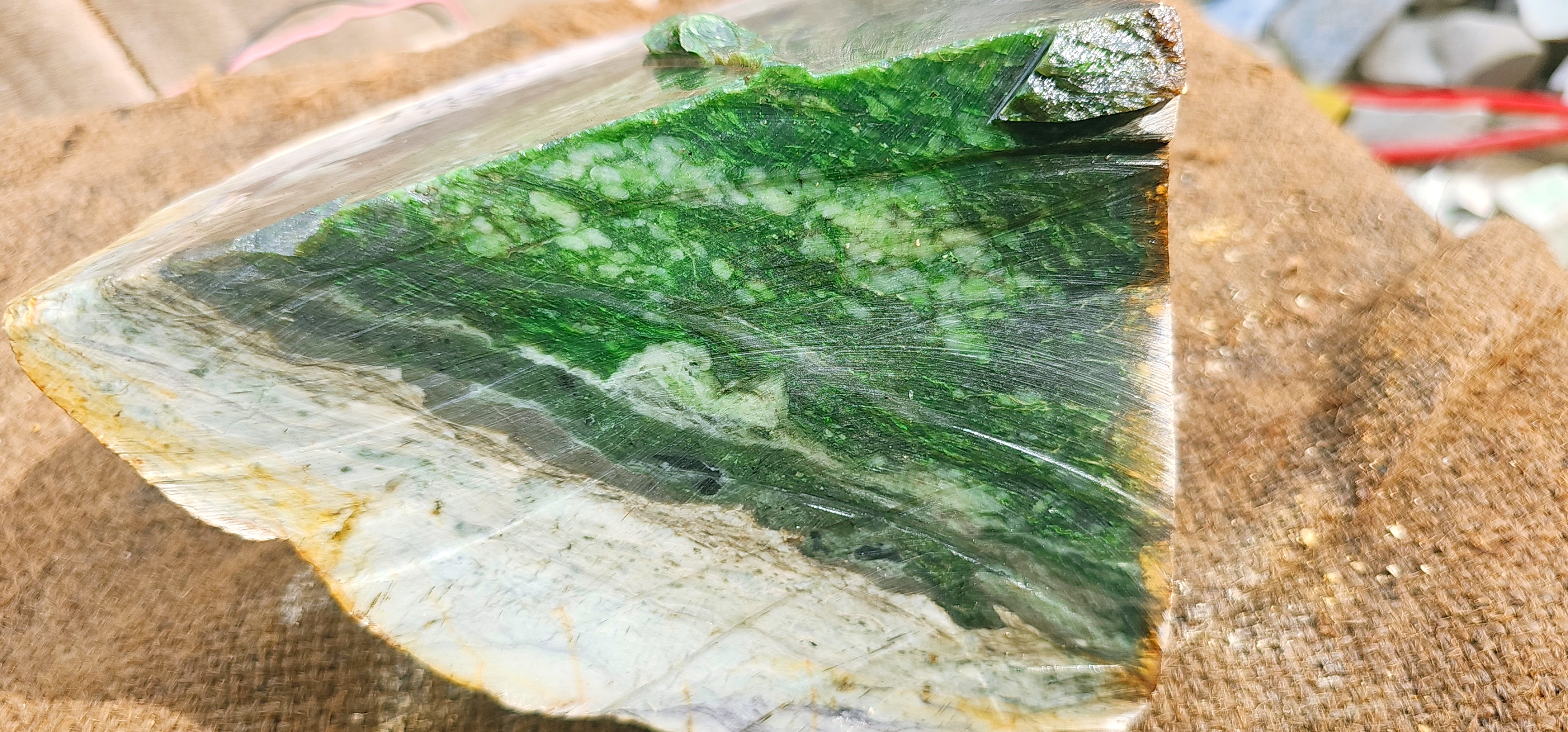 Natural Dark Green Nephrite Jade Rough Slab with White and Pale Green Mineral Veins – 7.6 KG