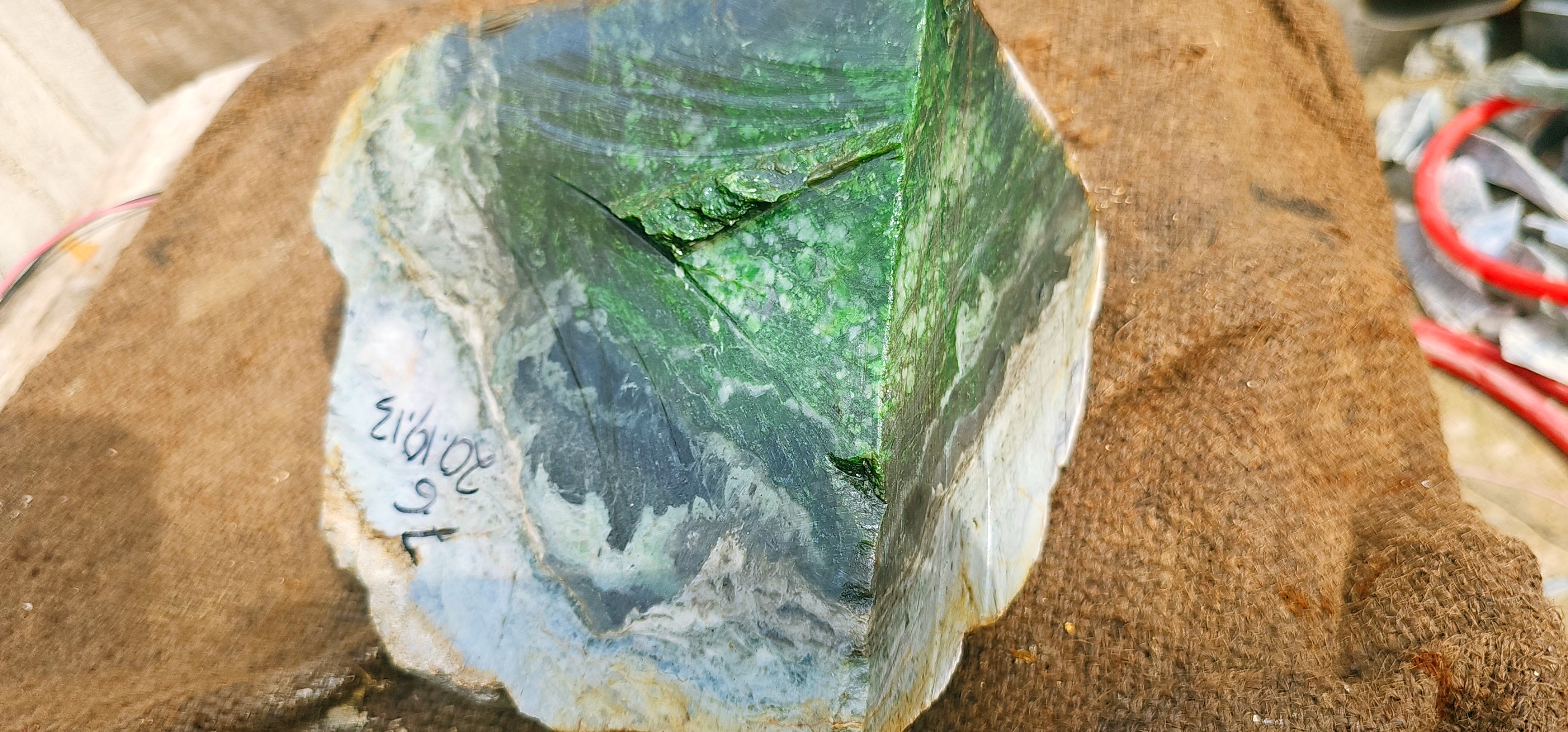 Natural Dark Green Nephrite Jade Rough Slab with White and Pale Green Mineral Veins – 7.6 KG