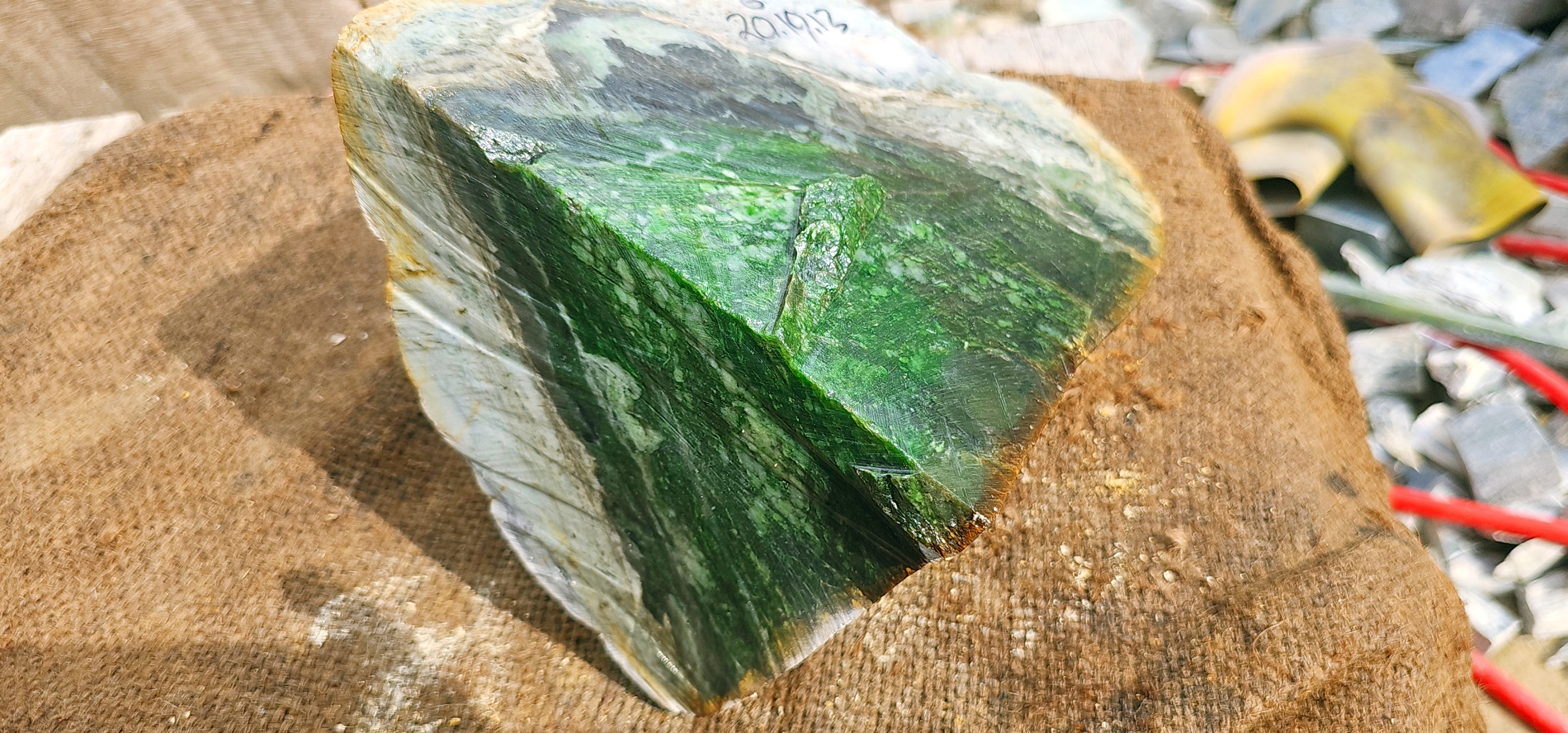 Natural Dark Green Nephrite Jade Rough Slab with White and Pale Green Mineral Veins – 7.6 KG