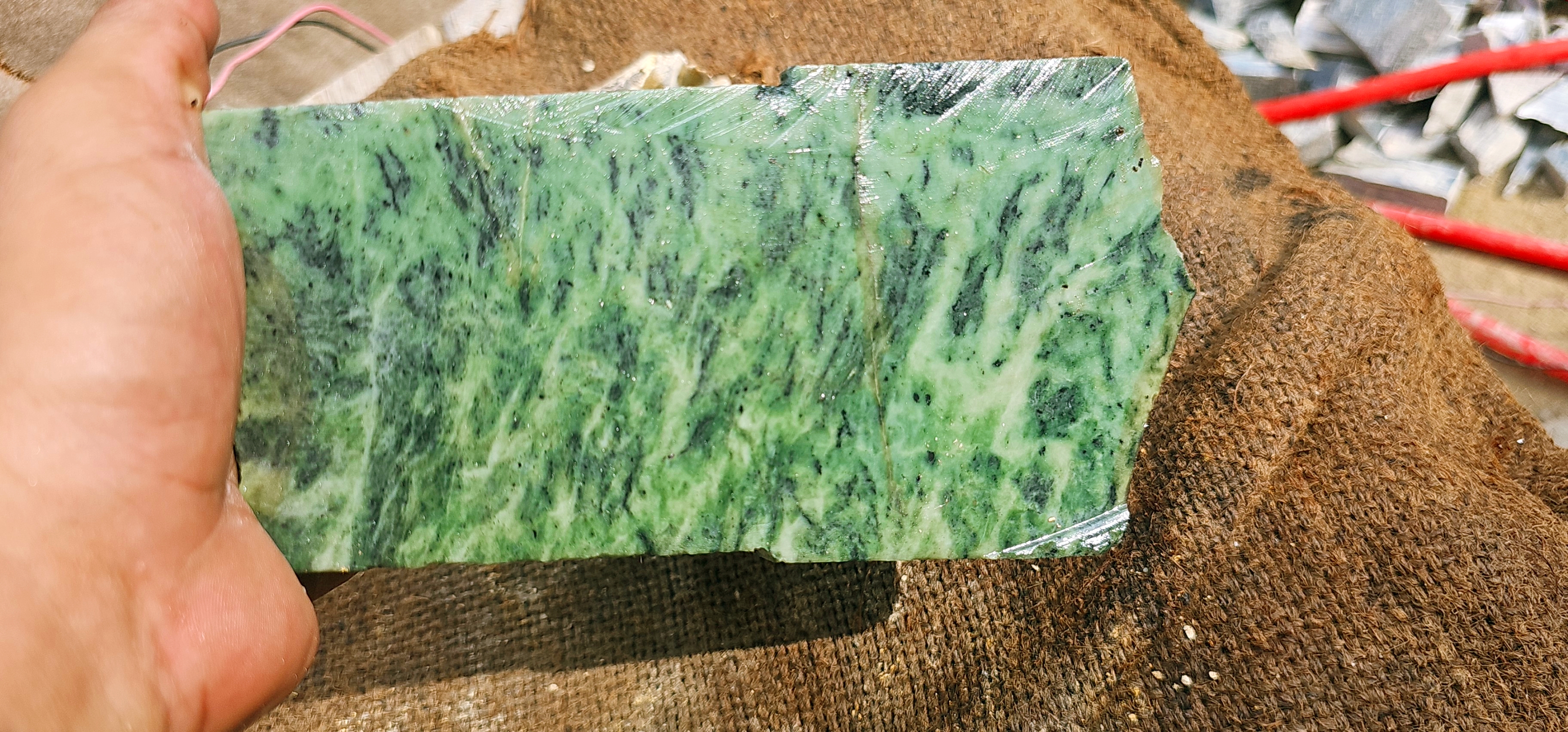 Natural Green Nephrite Jade Rough Slab – Pale Green with Dark Green Mineral Patterns, 5.4 KG