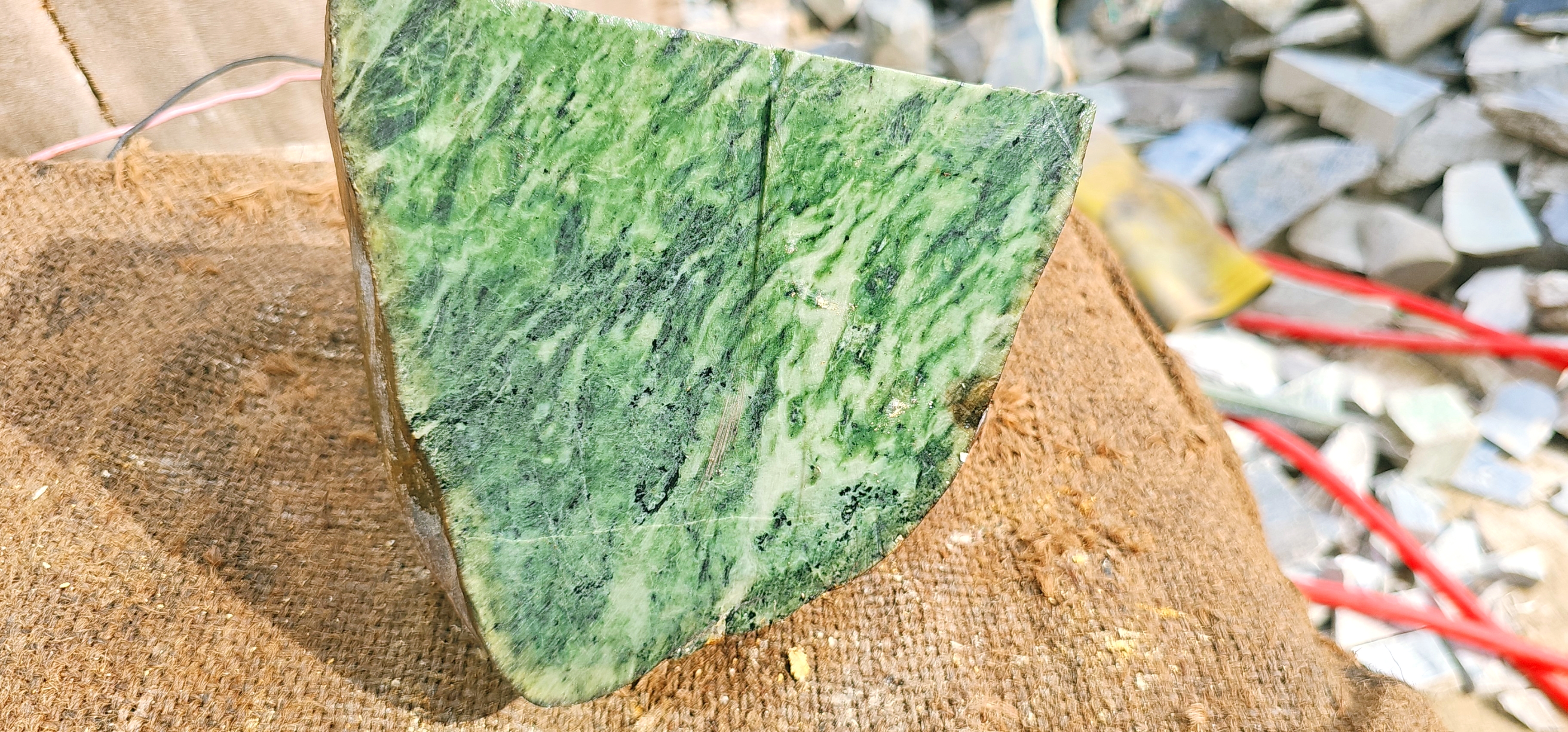 Natural Green Nephrite Jade Rough Slab – Pale Green with Dark Green Mineral Patterns, 5.4 KG