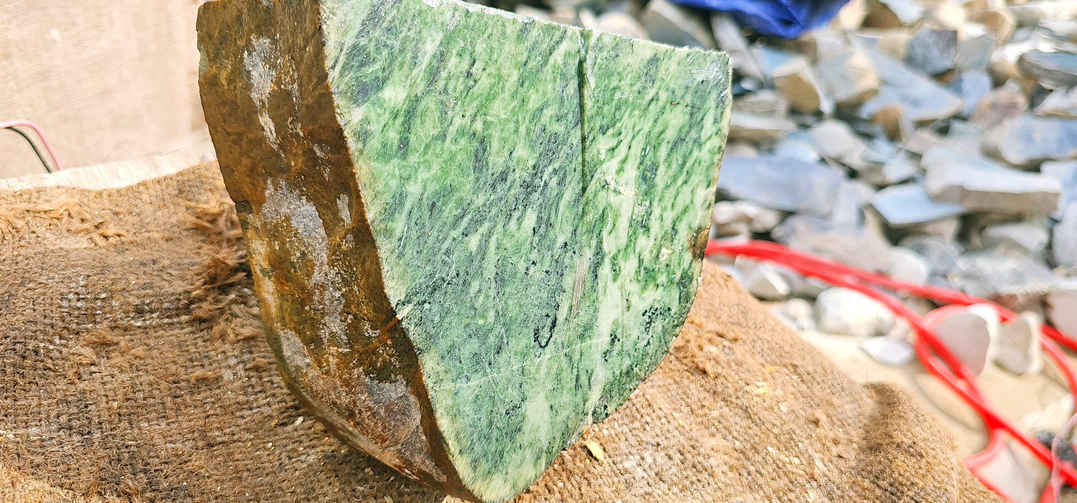 Natural Green Nephrite Jade Rough Slab – Pale Green with Dark Green Mineral Patterns, 5.4 KG
