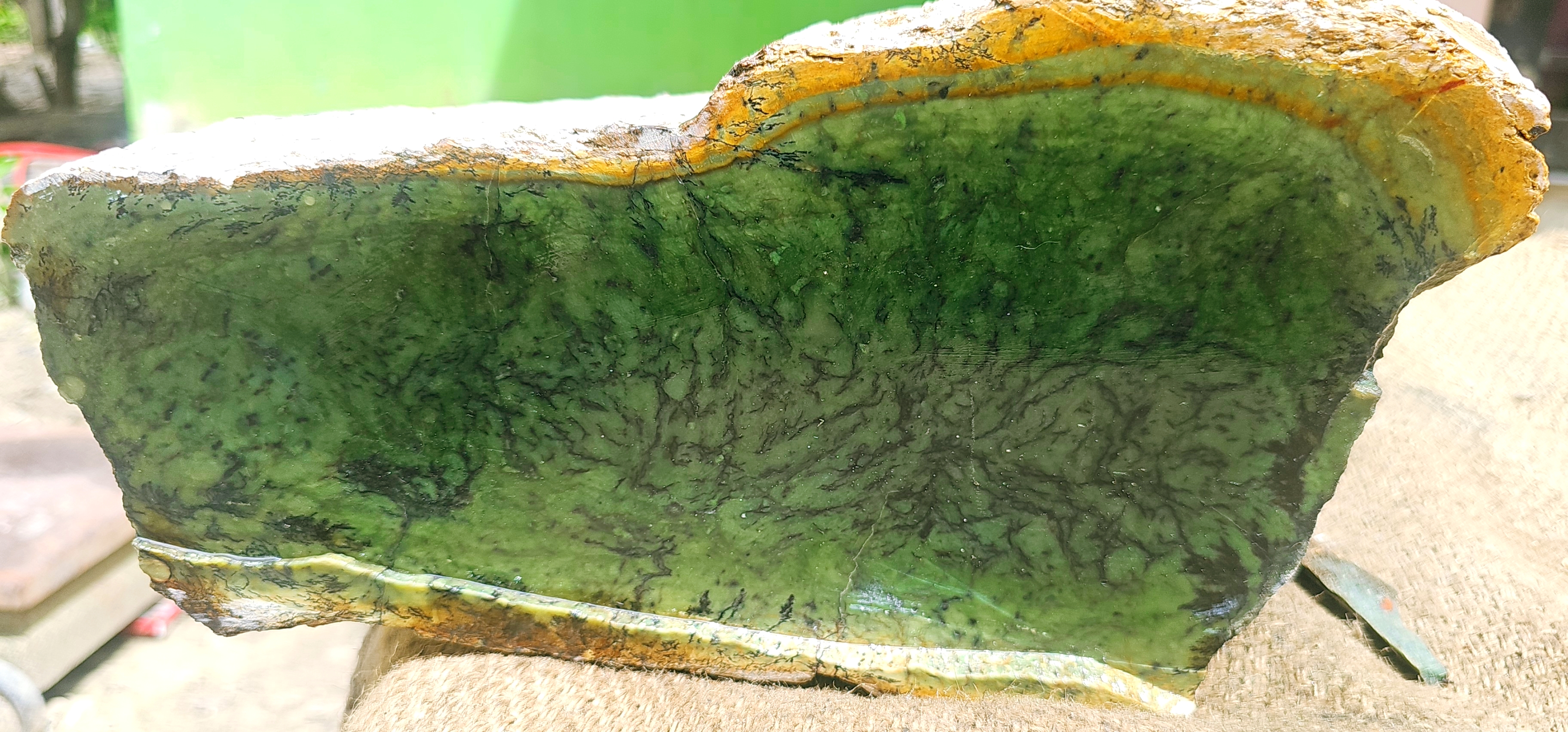 Natural Green Nephrite Jade Rough Slab with Golden Yellow Edges – 9.4 KG