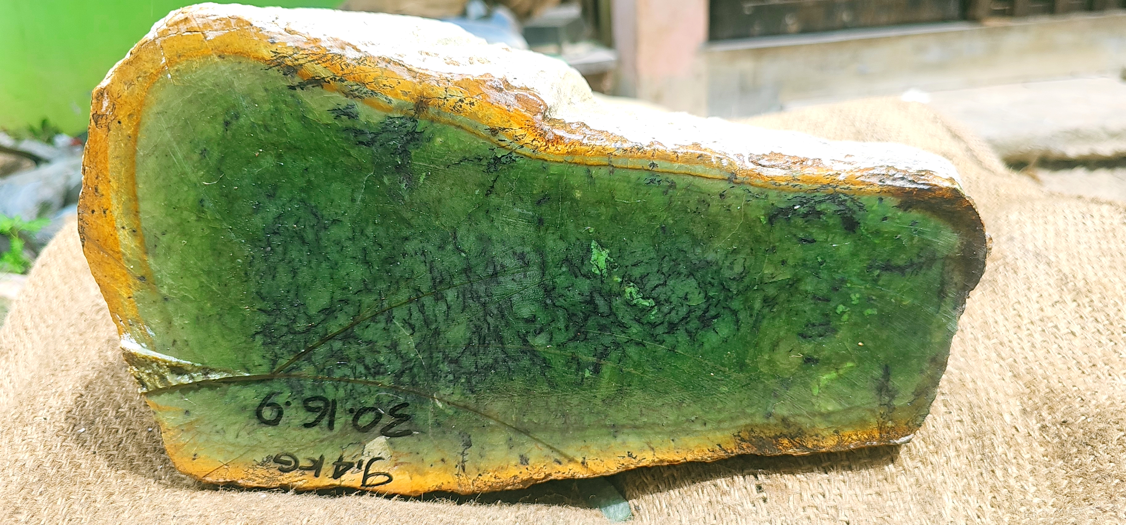Natural Green Nephrite Jade Rough Slab with Golden Yellow Edges – 9.4 KG