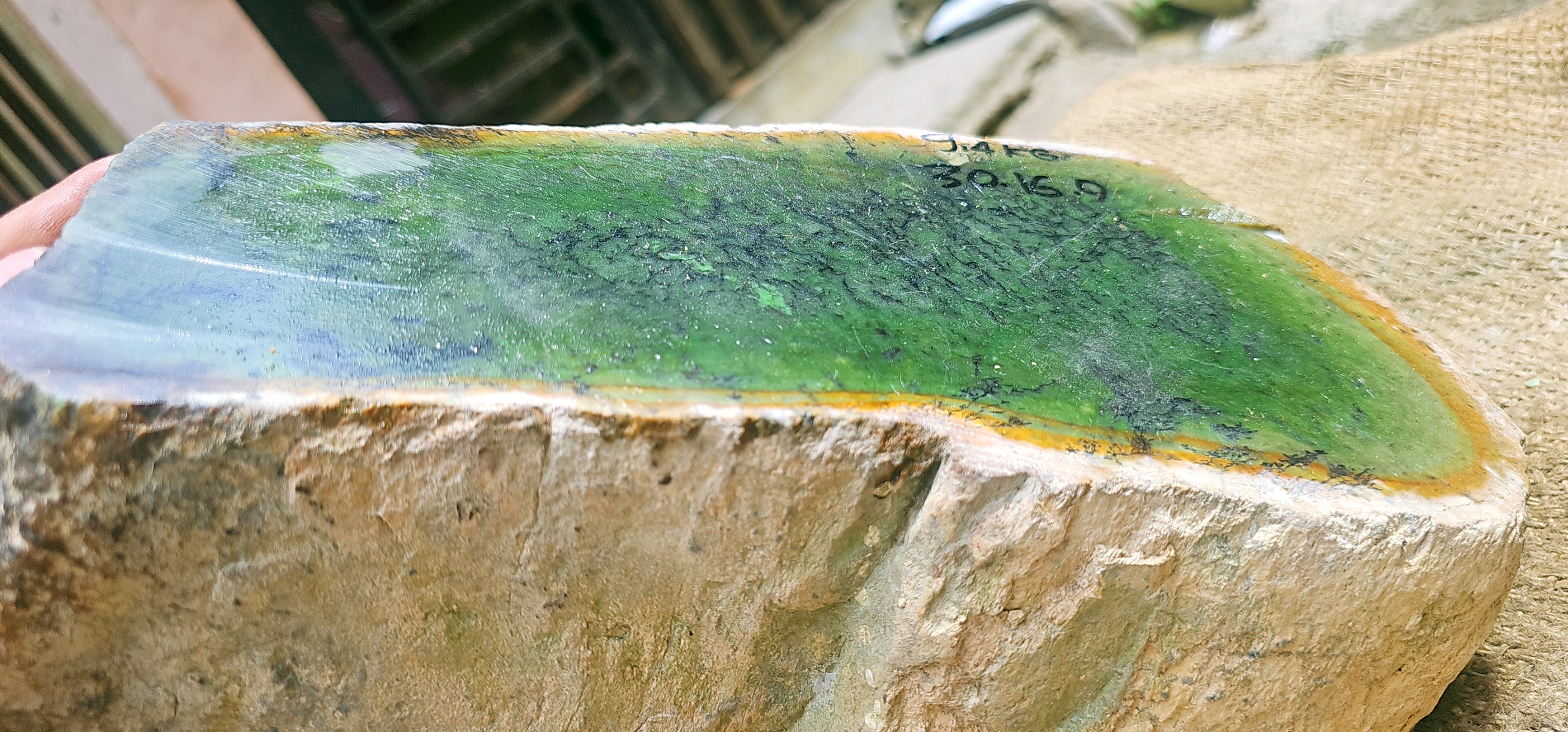 Natural Green Nephrite Jade Rough Slab with Golden Yellow Edges – 9.4 KG