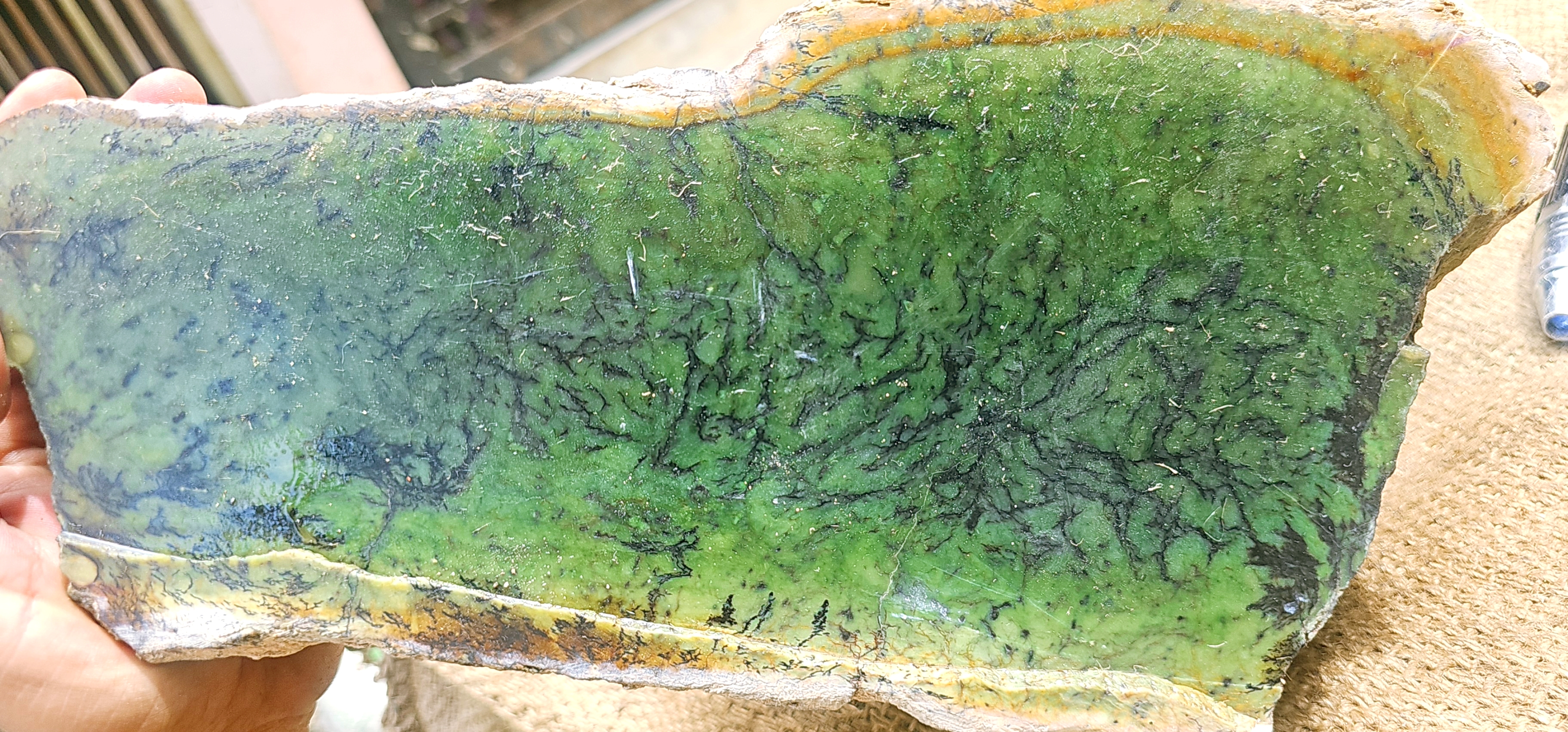 Natural Green Nephrite Jade Rough Slab with Golden Yellow Edges – 9.4 KG