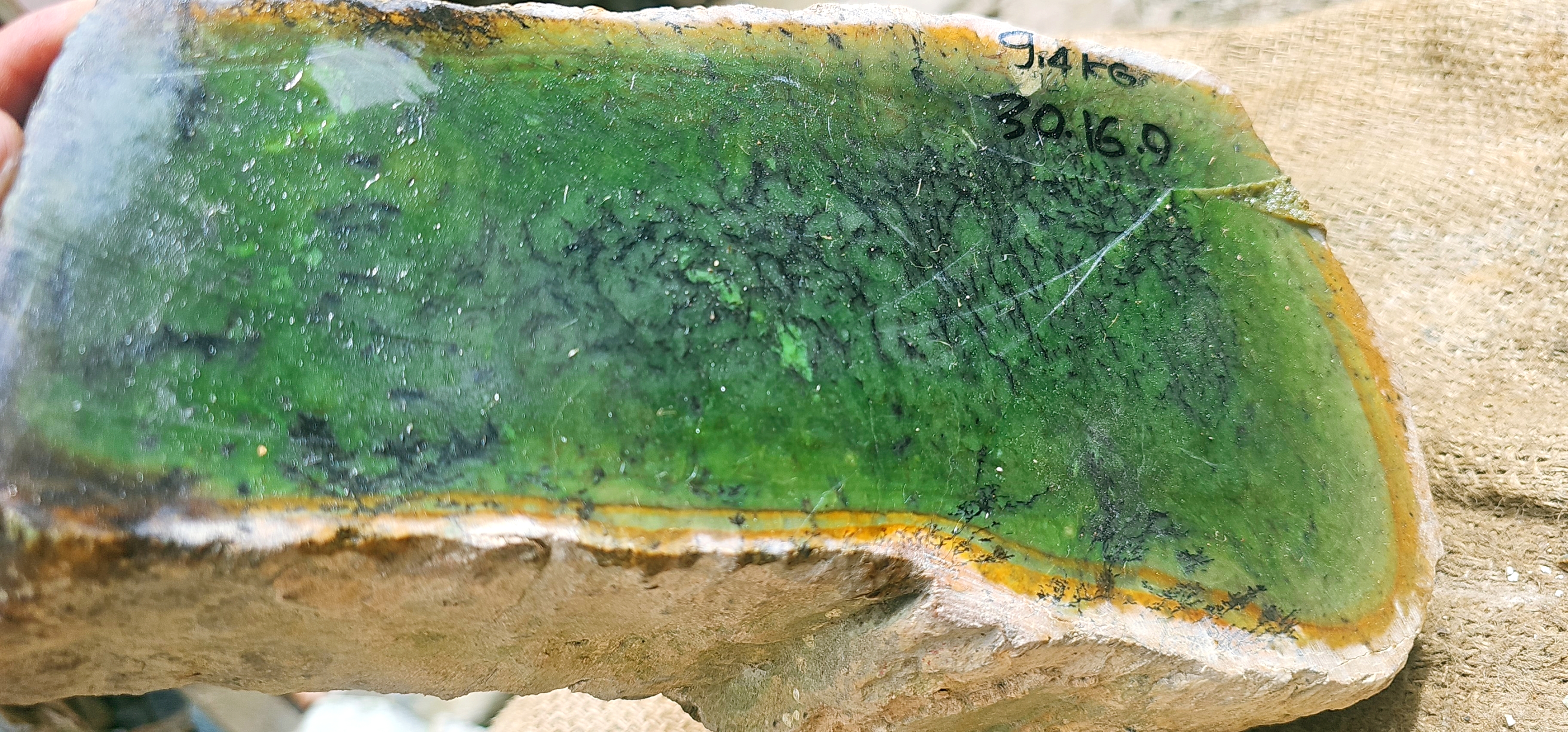 Natural Green Nephrite Jade Rough Slab with Golden Yellow Edges – 9.4 KG