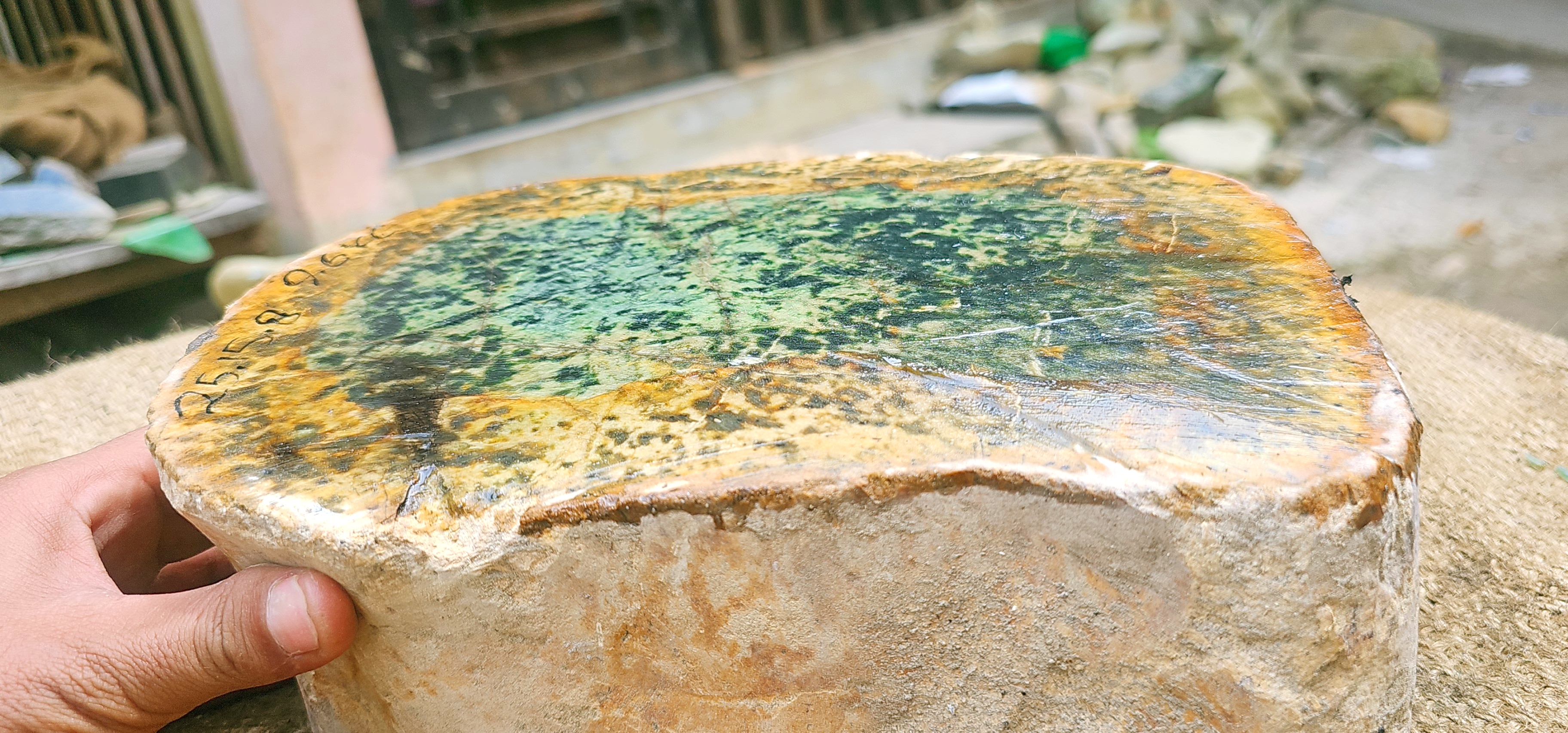 Natural Green Nephrite Jade Rough Slab – Dark Green with Golden-Brown Matrix, 9.6 KG