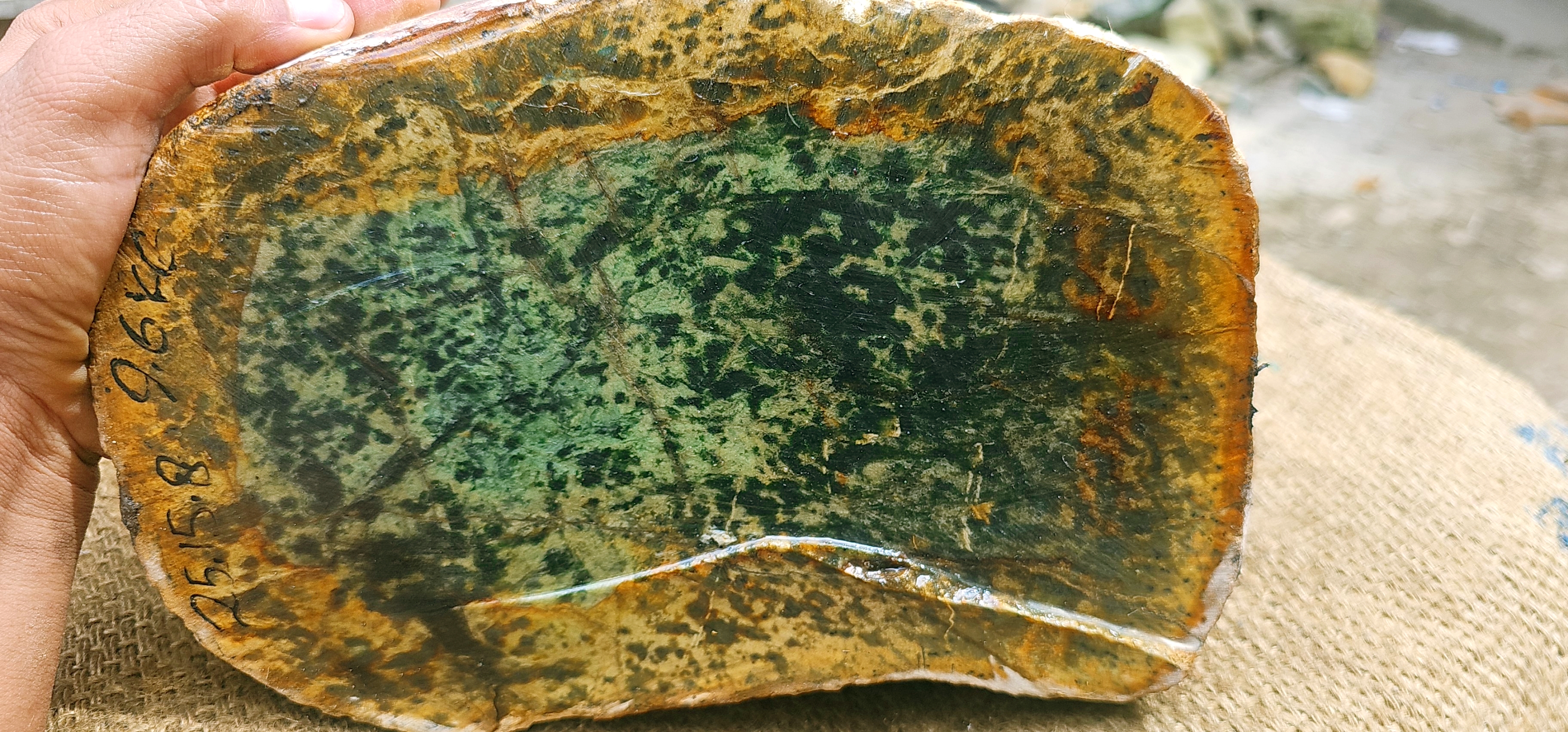 Natural Green Nephrite Jade Rough Slab – Dark Green with Golden-Brown Matrix, 9.6 KG