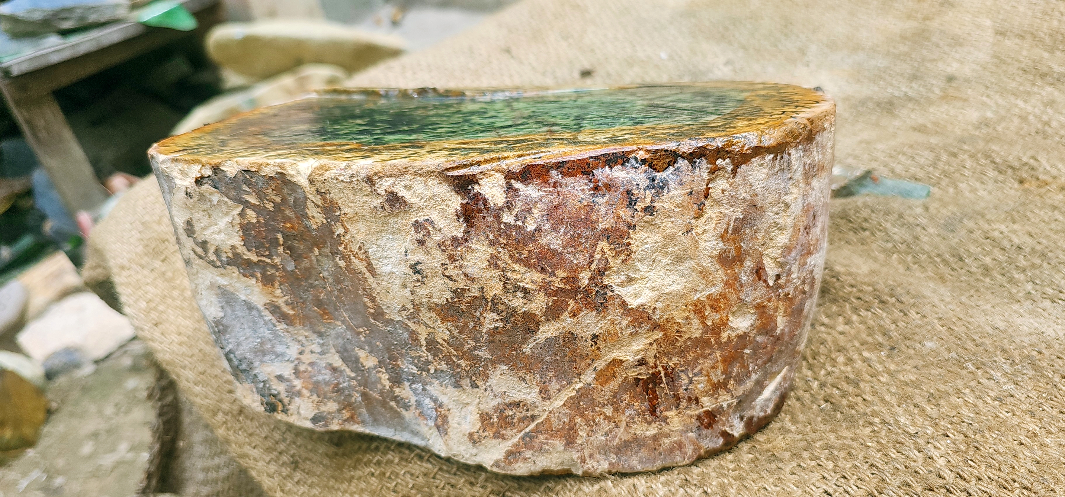 Natural Green Nephrite Jade Rough Slab – Dark Green with Golden-Brown Matrix, 9.6 KG
