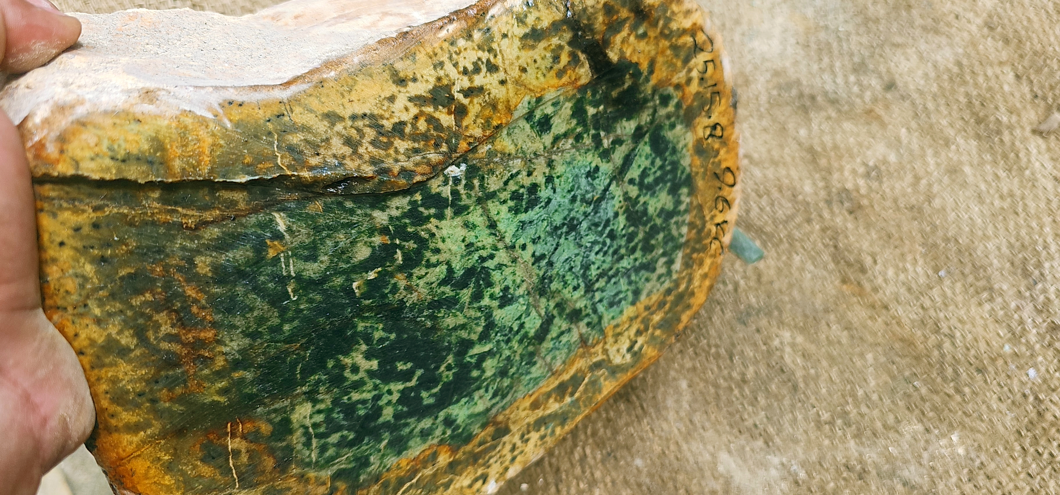 Natural Green Nephrite Jade Rough Slab – Dark Green with Golden-Brown Matrix, 9.6 KG