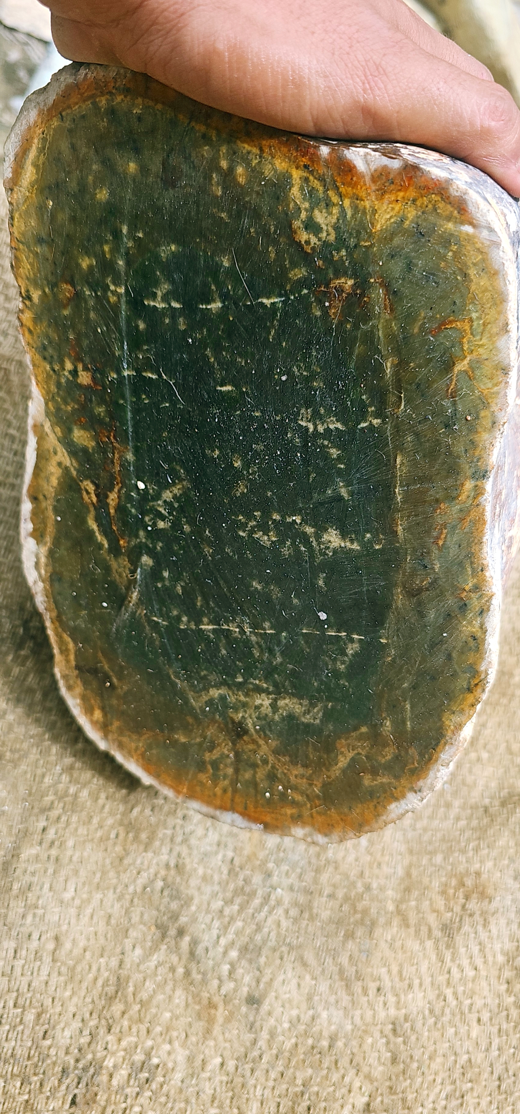 Natural Green Nephrite Jade Rough Slab – Dark Green with Golden-Brown Matrix, 9.6 KG