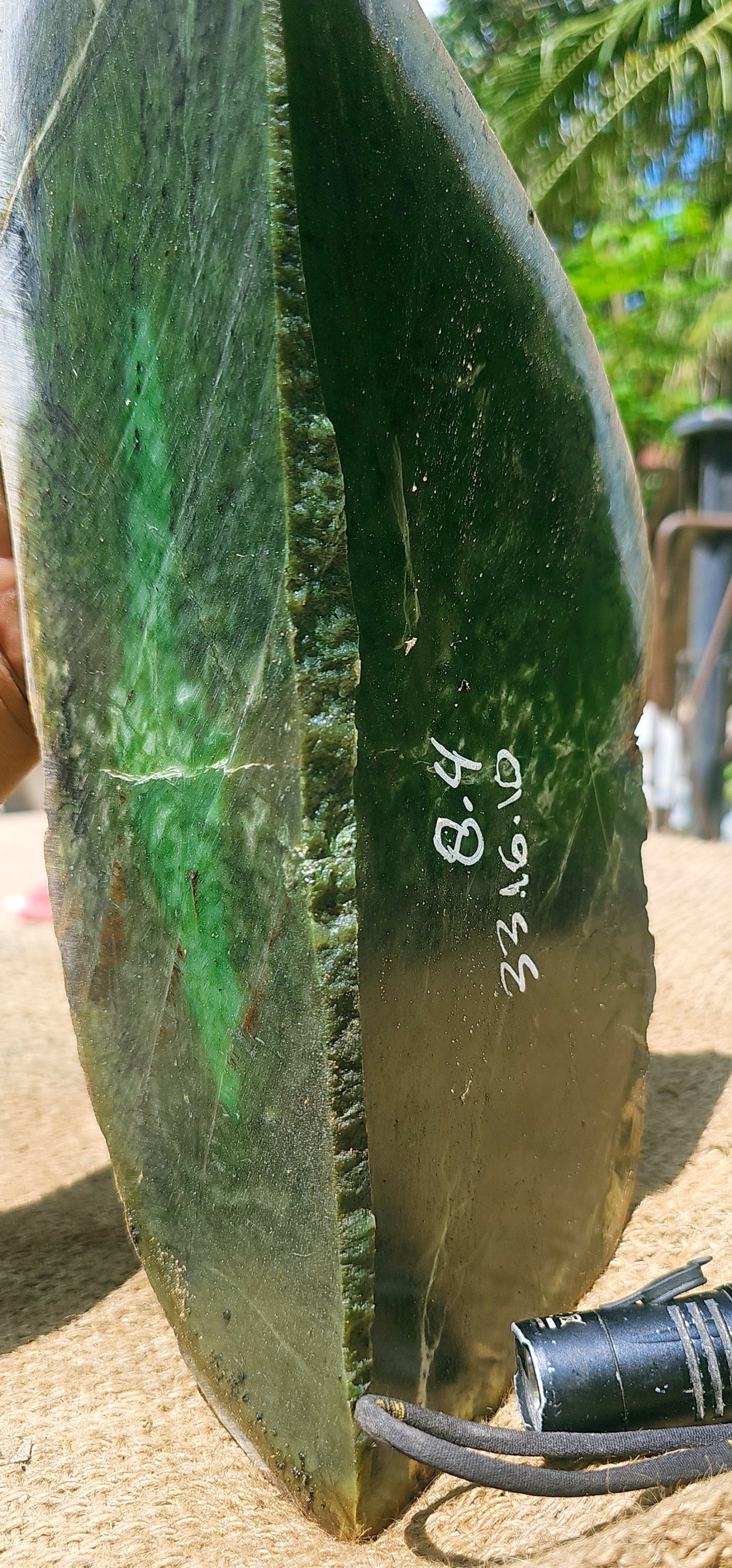 84KG Natural Dark Green Nephrite Jade Stone Slab – Blue-Green Edge with Unique Natural Patterns
