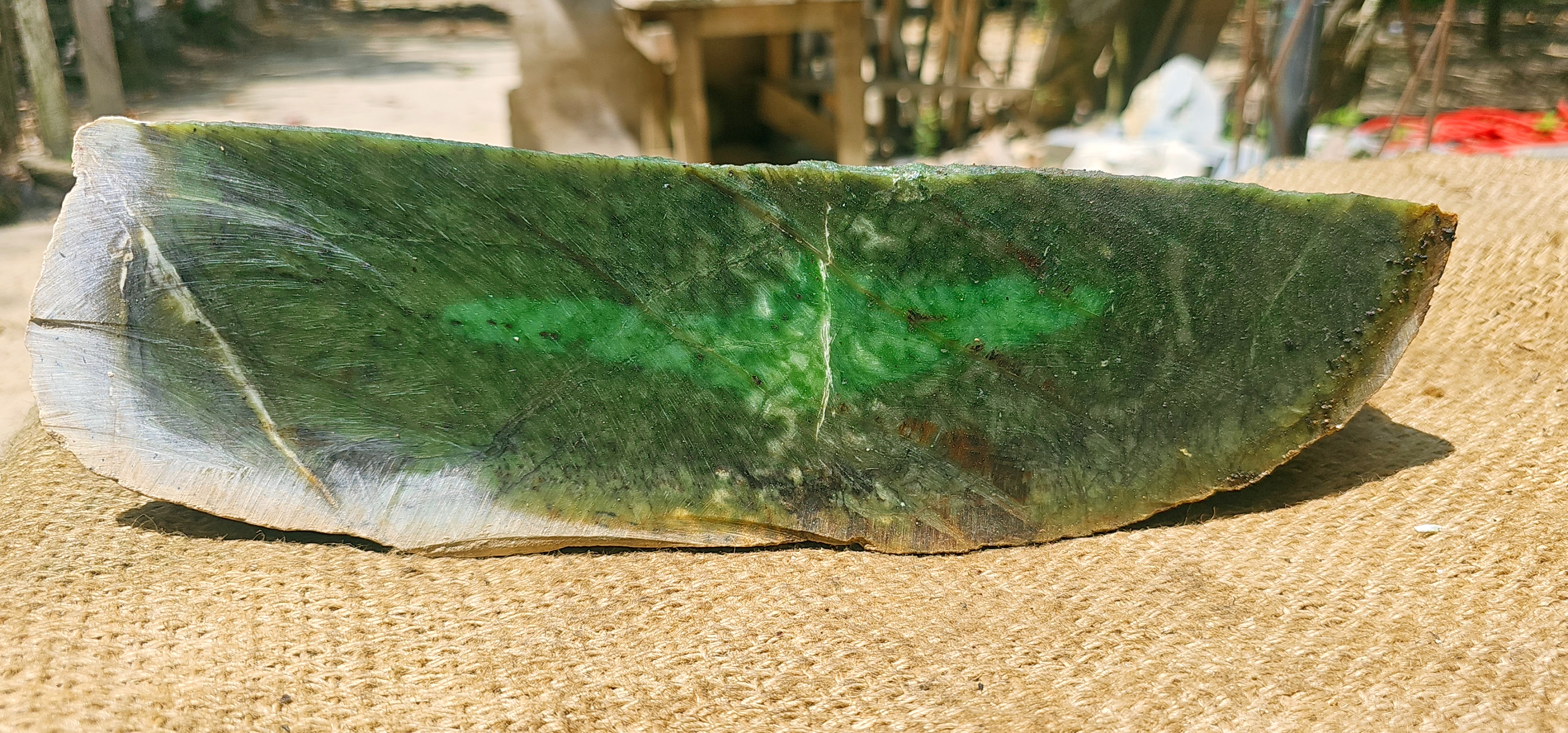 84KG Natural Dark Green Nephrite Jade Stone Slab – Blue-Green Edge with Unique Natural Patterns