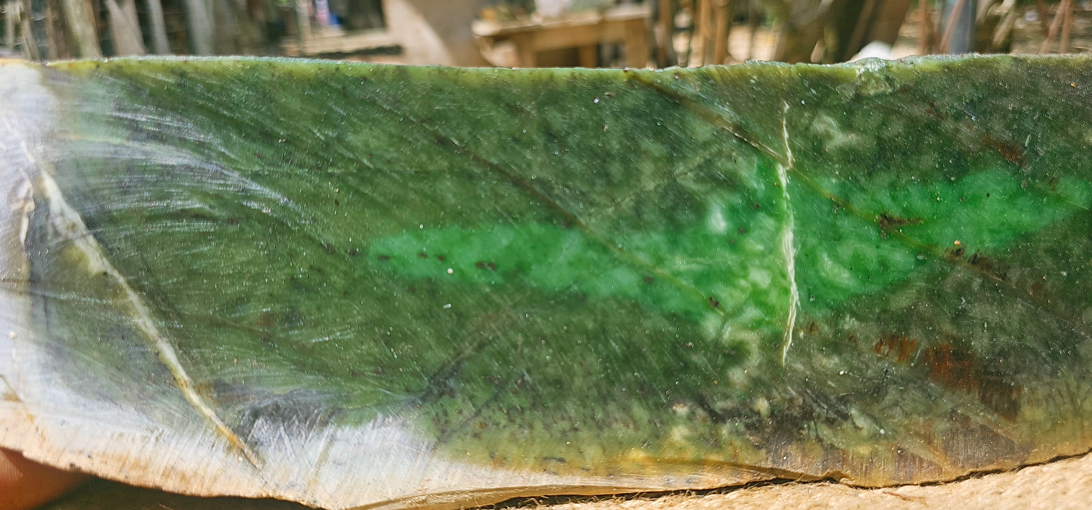 84KG Natural Dark Green Nephrite Jade Stone Slab – Blue-Green Edge with Unique Natural Patterns