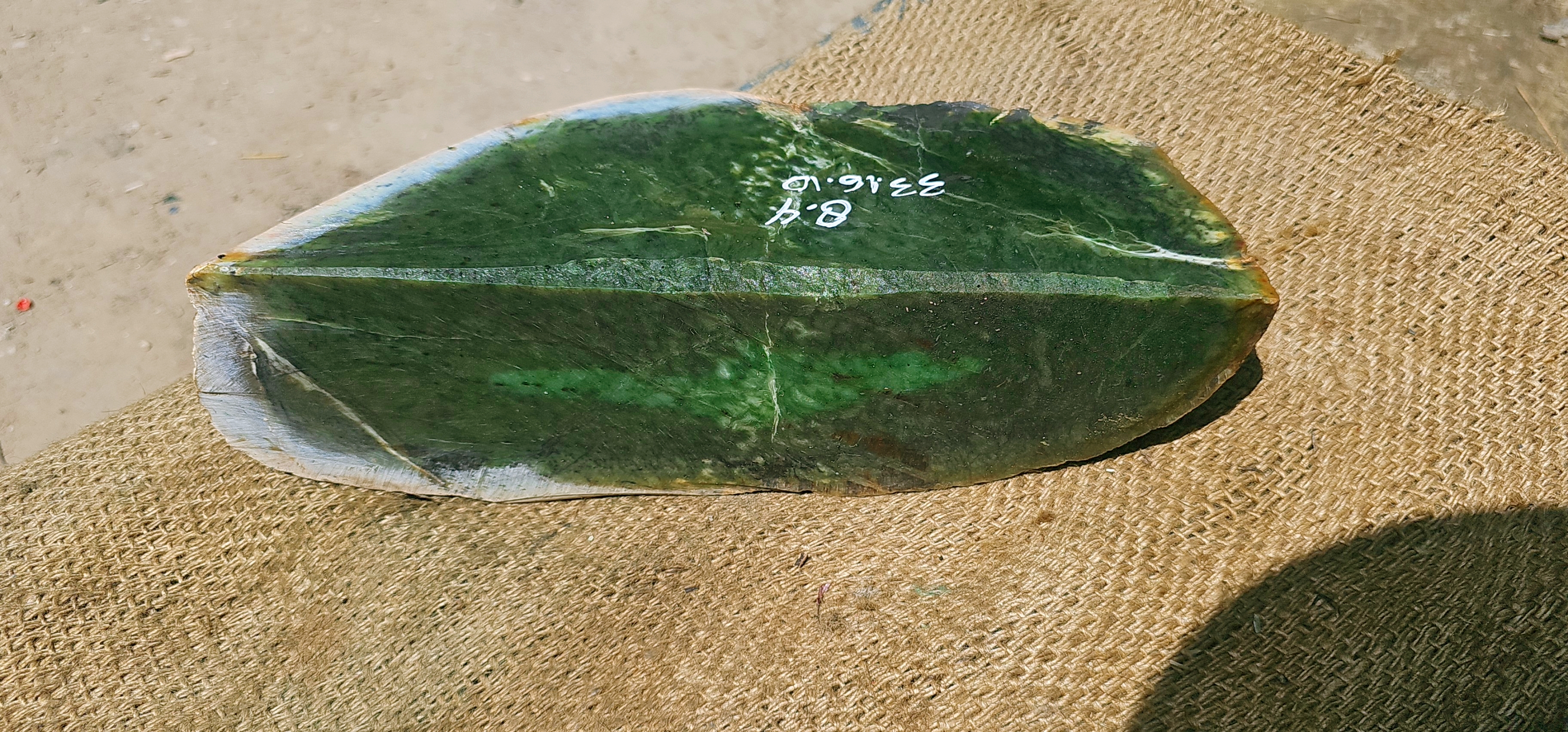 84KG Natural Dark Green Nephrite Jade Stone Slab – Blue-Green Edge with Unique Natural Patterns